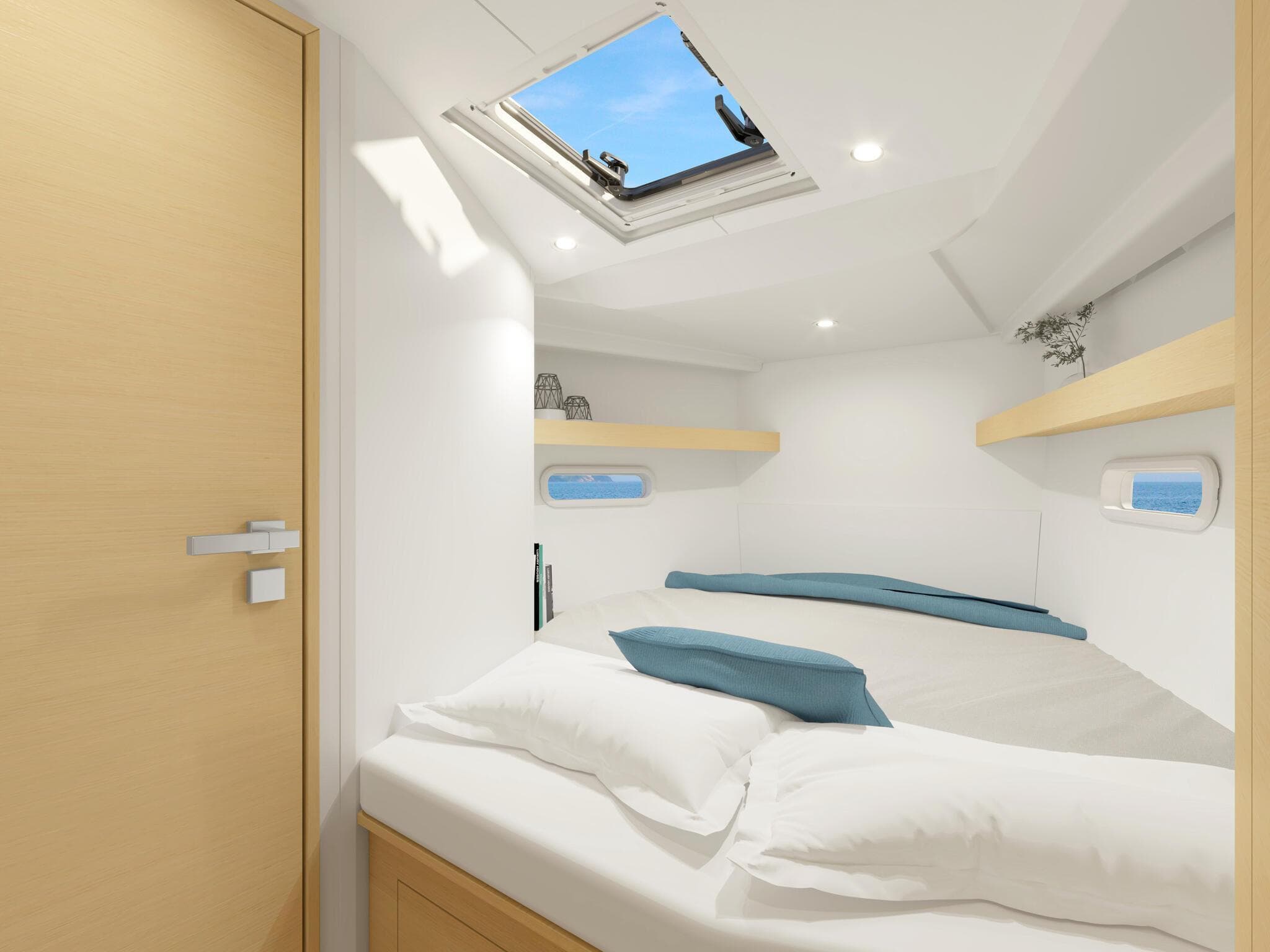 Modern interior cabin of 2025 Hanse 360 yacht with skylight and cozy bedding.