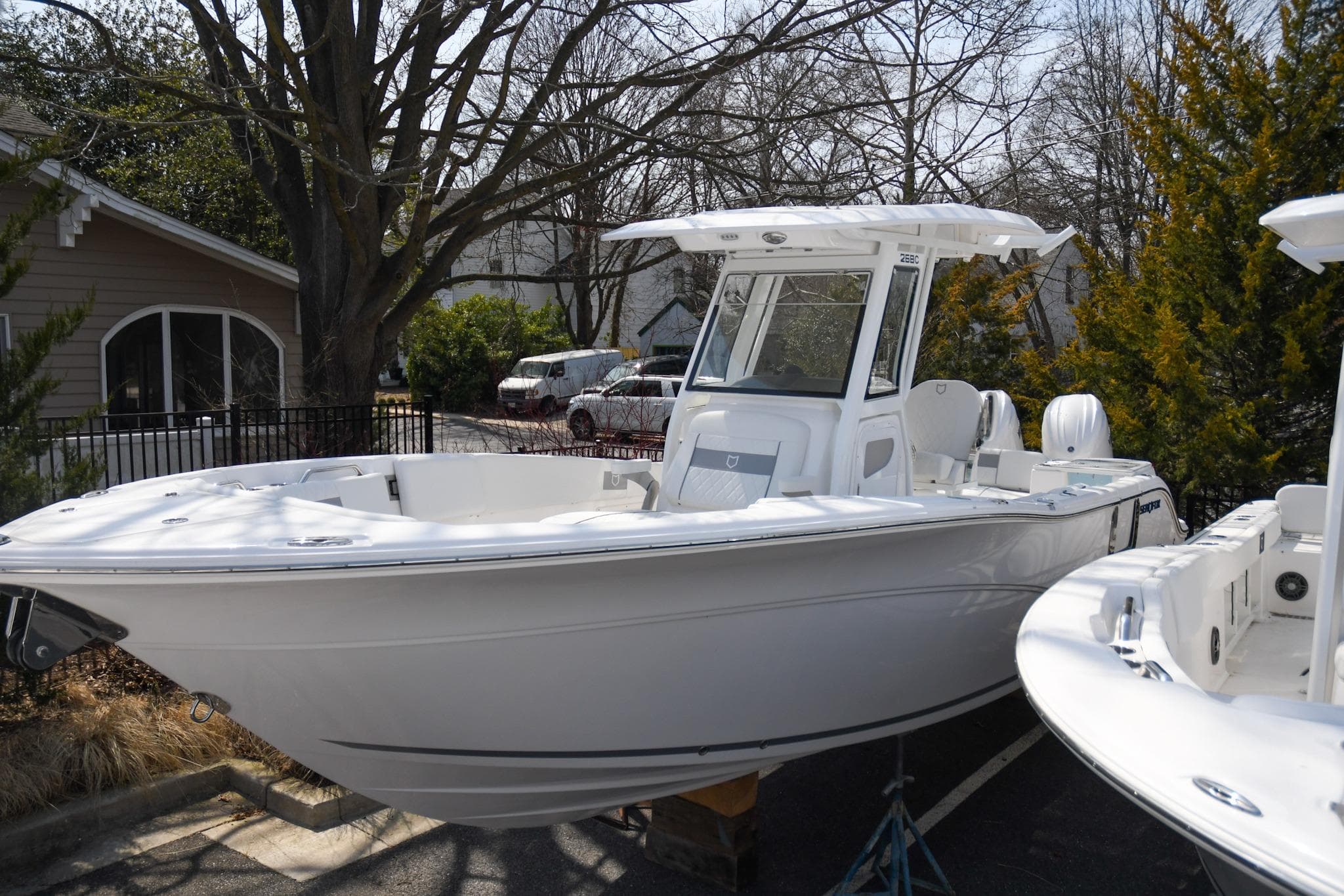 2026 Sea Fox 268 Commander boat displayed outdoors, showcasing sleek design and modern features.