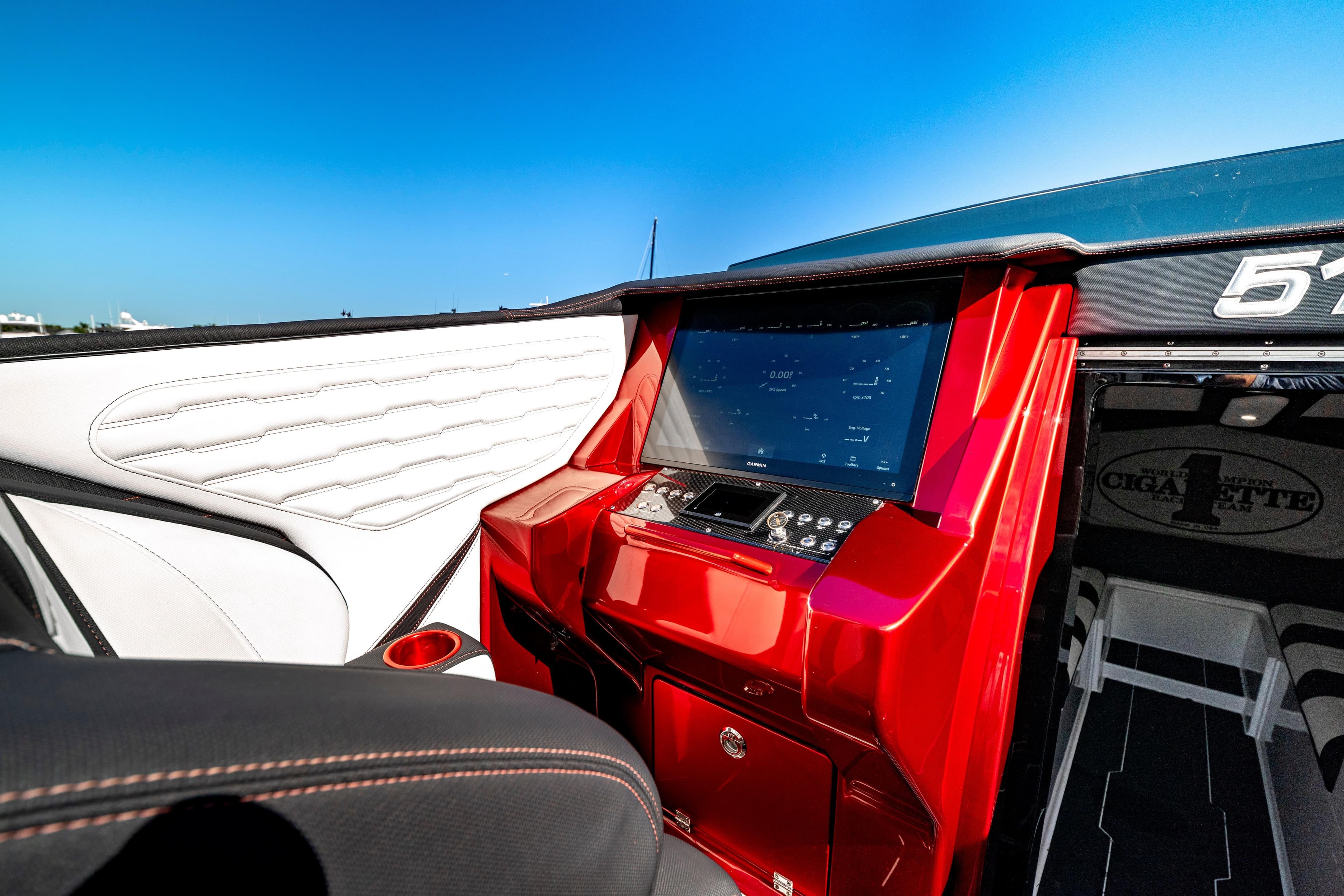Interior of 2020 Cigarette 515 boat with sleek dashboard and modern design.