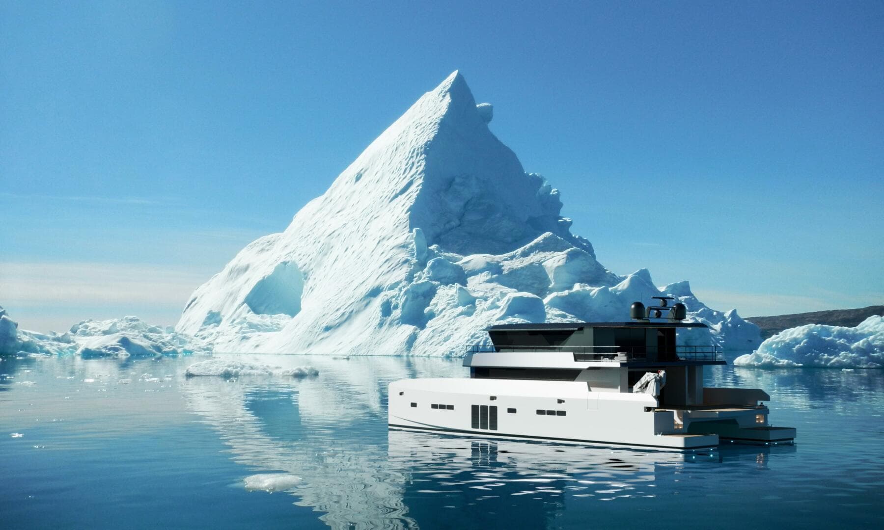 Archipelago A-80 Expedition yacht navigating icy waters near a large iceberg, 2025 model.