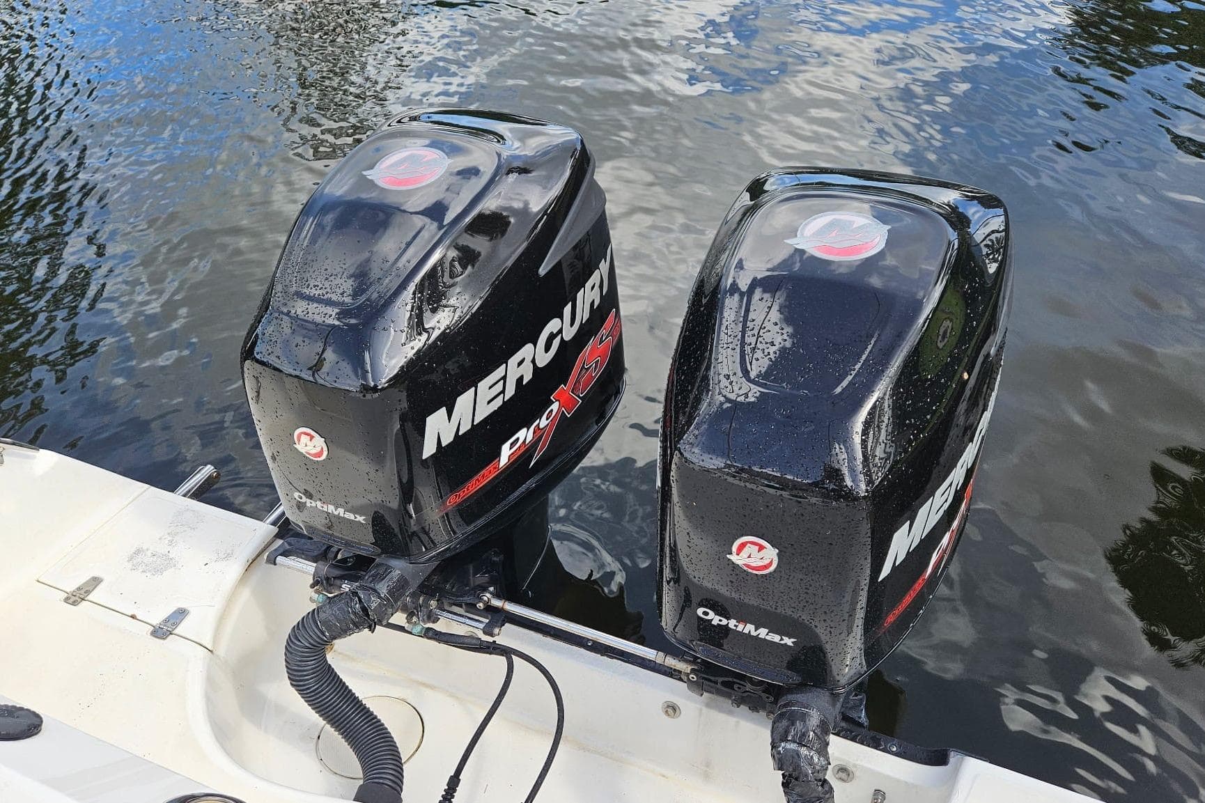 Twin Mercury Pro XS outboard engines on a 2003 Boston Whaler 255 Conquest boat.