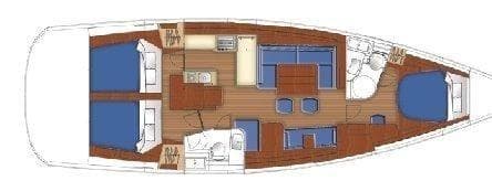 Floor plan of a 2008 Beneteau Oceanis 49 sailboat, featuring cabins and living areas.