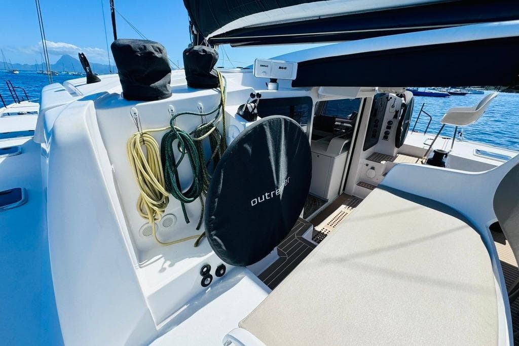Outremer 59.2 sailboat deck with ropes and seating, 2021 model.