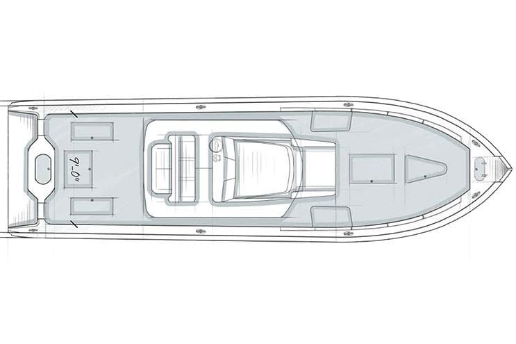 Top view schematic of a 2019 Yellowfin 39 boat layout.