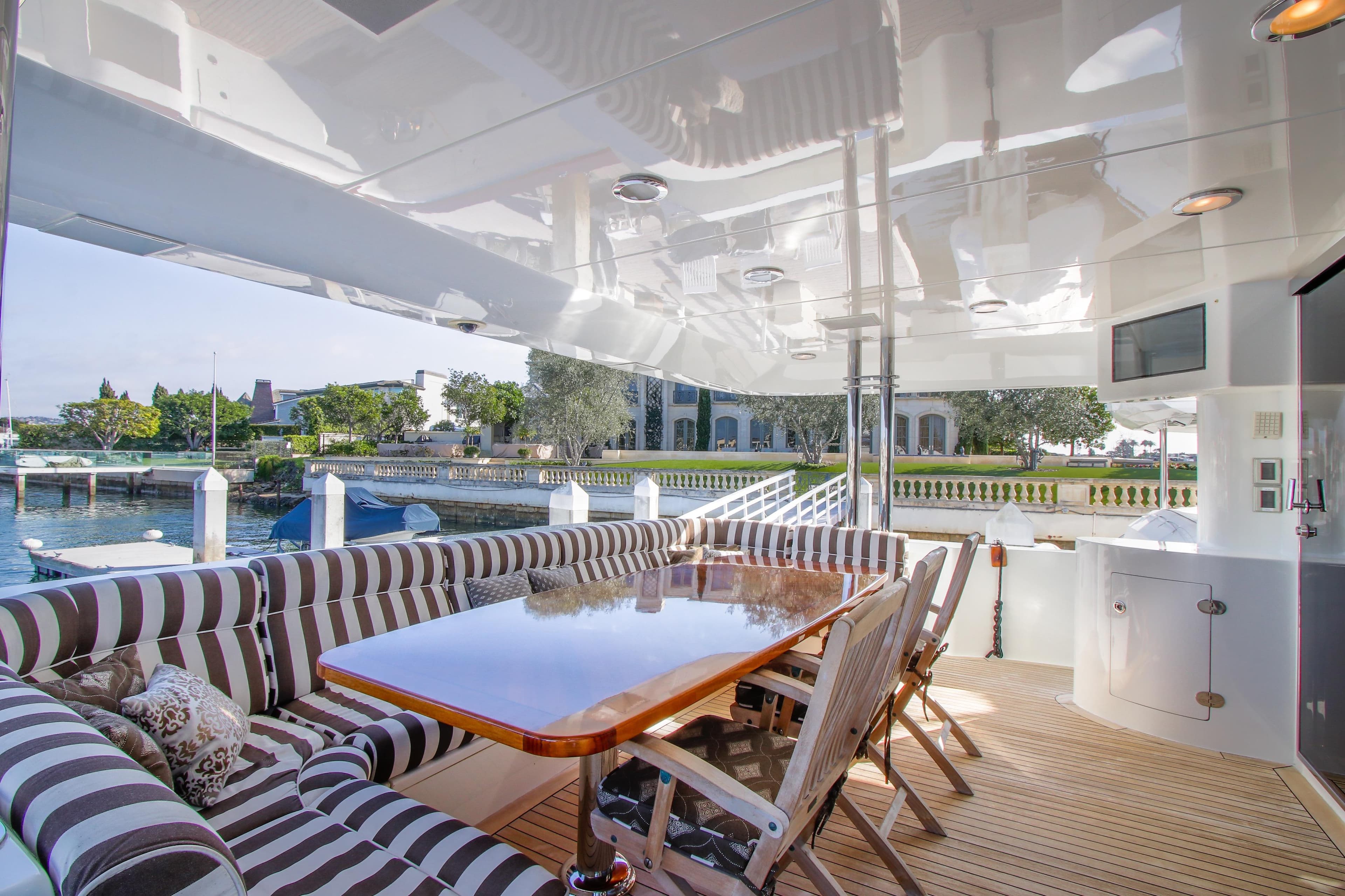 Luxurious 2006 Northcoast Yachts Yachtfisher with elegant outdoor seating and dining area.