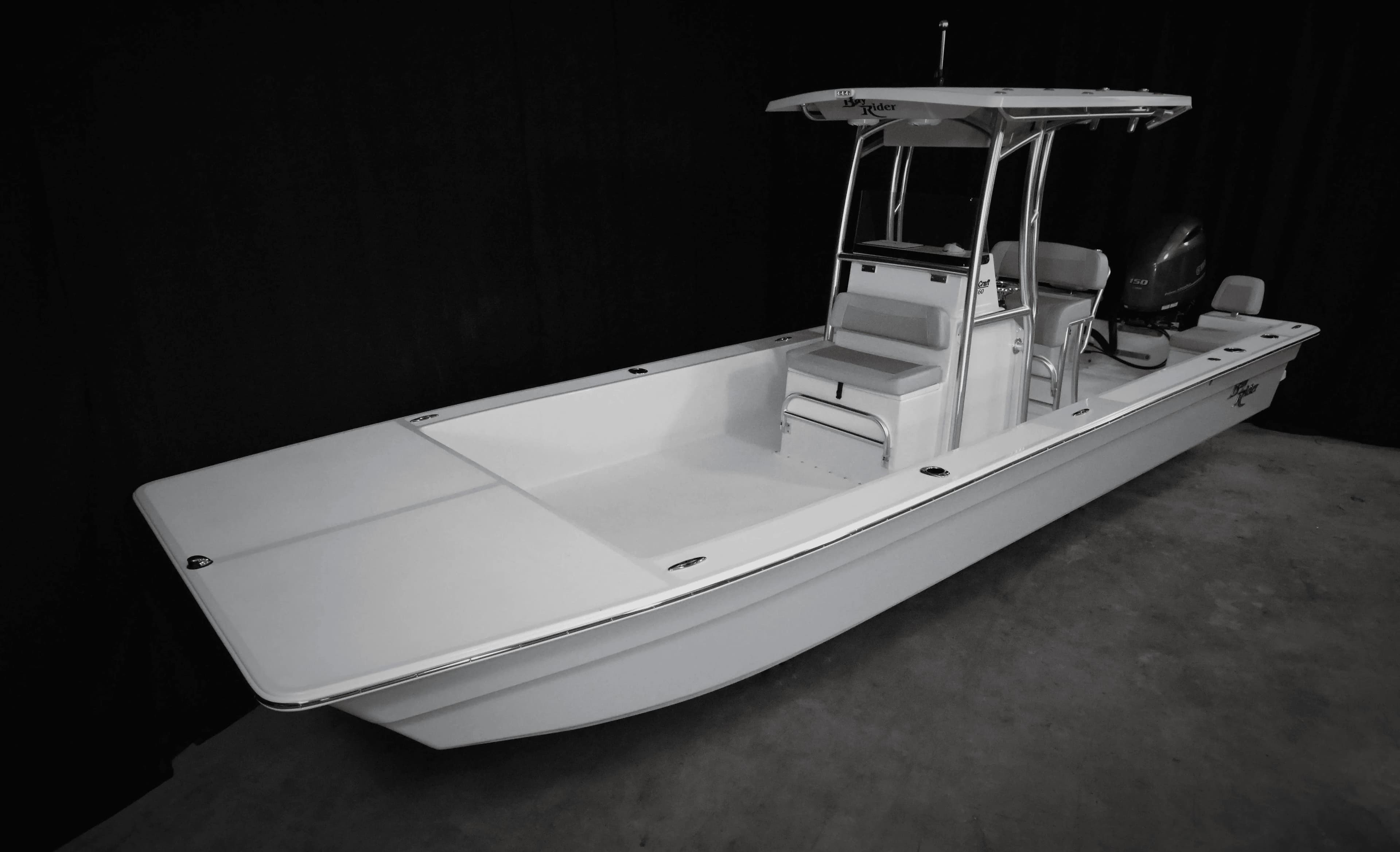 2025 KenCraft 2460 Bay Rider Skiff, white, center console, outboard motor, spacious deck.