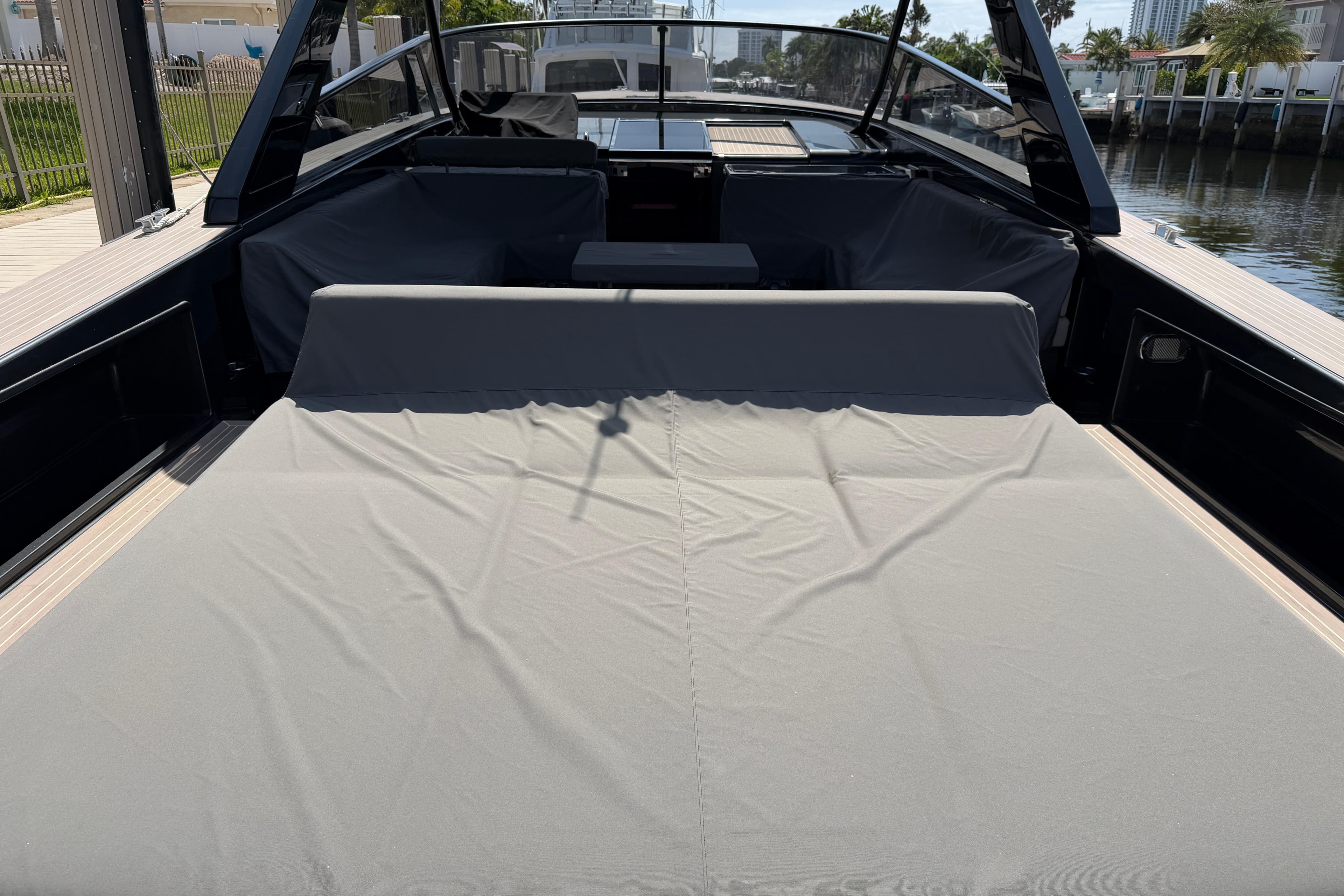 2023 VanDutch 56 yacht interior with spacious seating and sleek design.