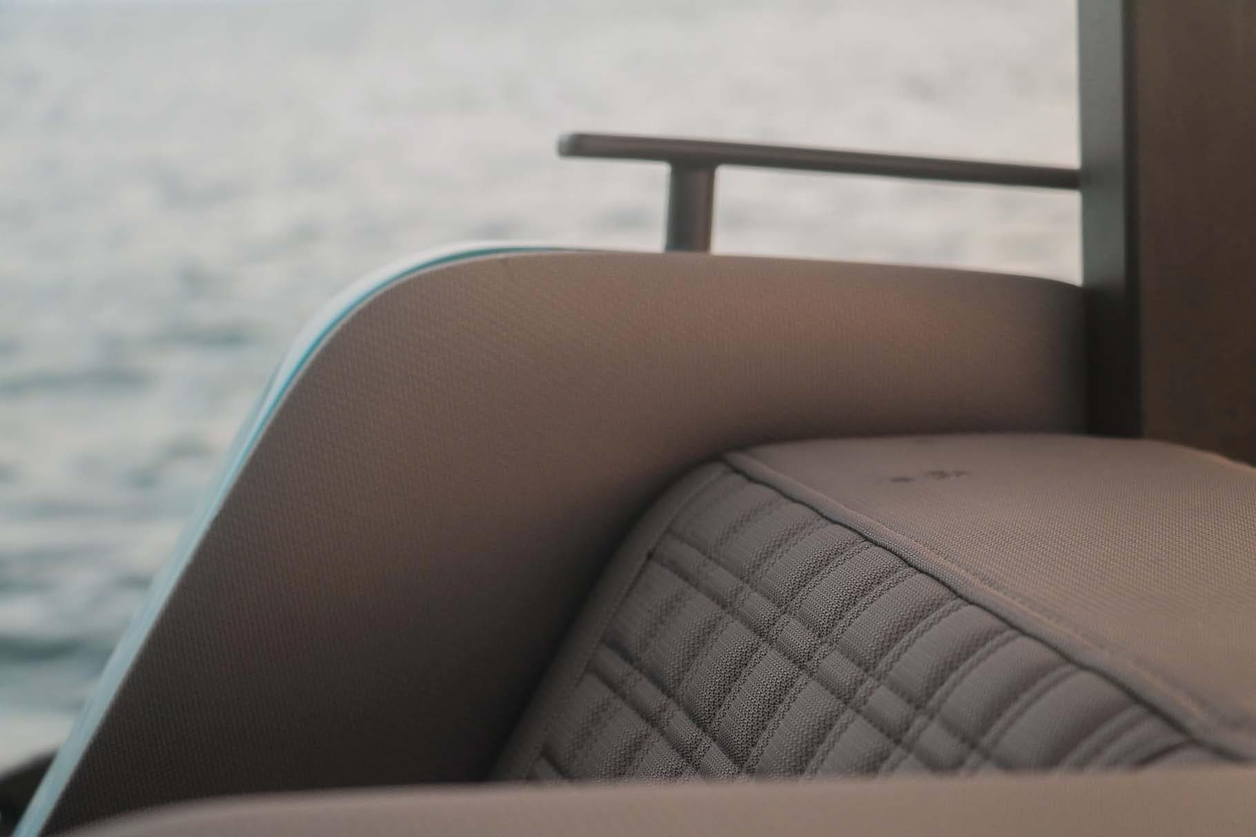 Close-up of 2023 Roughneck 36 T Top boat seating with quilted upholstery.