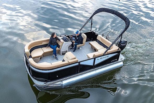 Manufacturer Provided Image: 2025 Lowe LS 170 pontoon boat on water with two passengers.