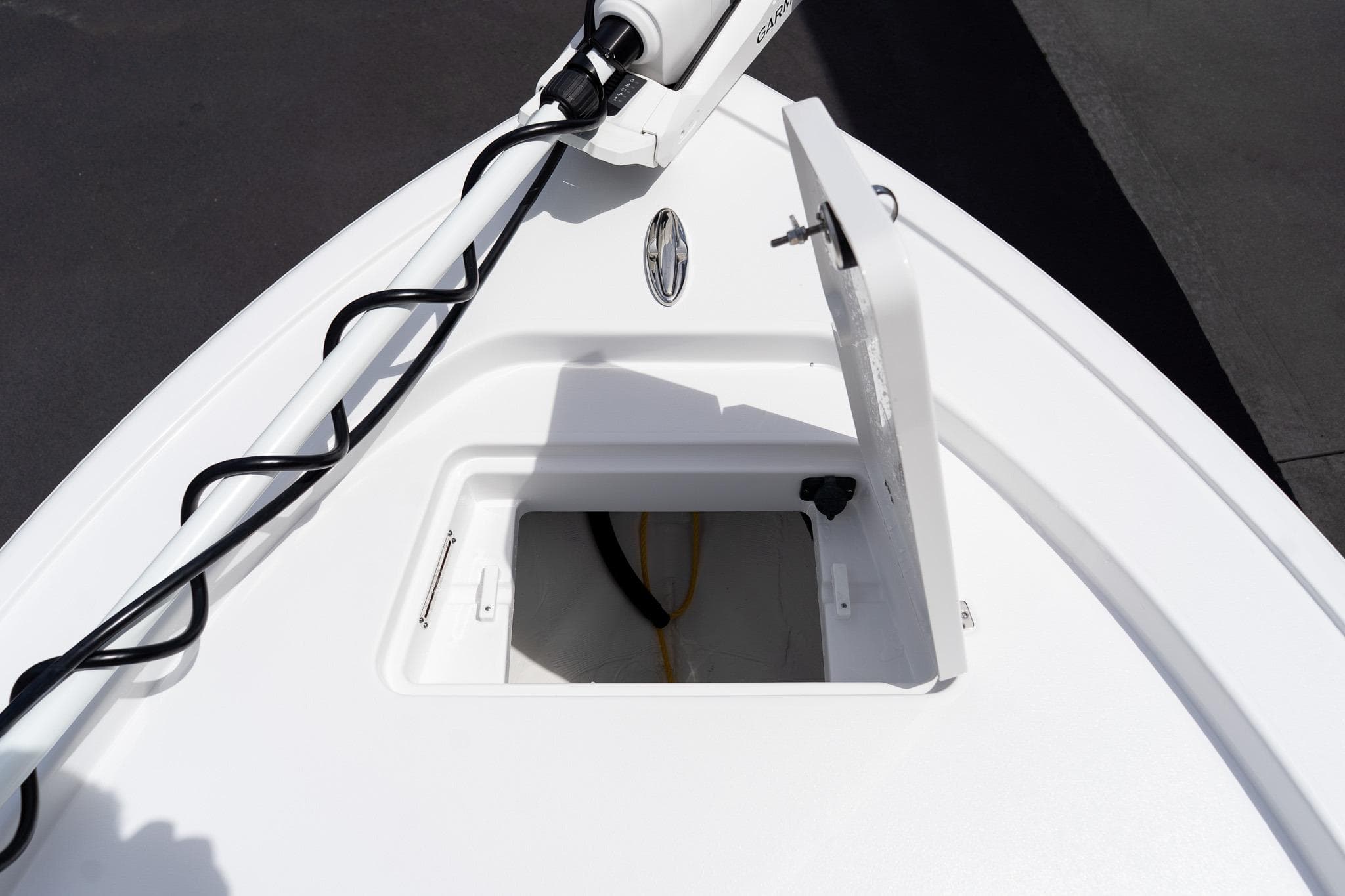 Bow storage compartment on 2026 Sportsman Masters 247 Bay Boat, open hatch view.