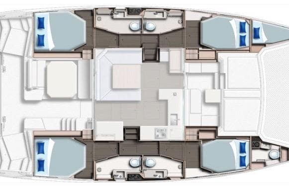 Floor plan of a 2021 Leopard 45 catamaran, featuring cabins and bathrooms.
