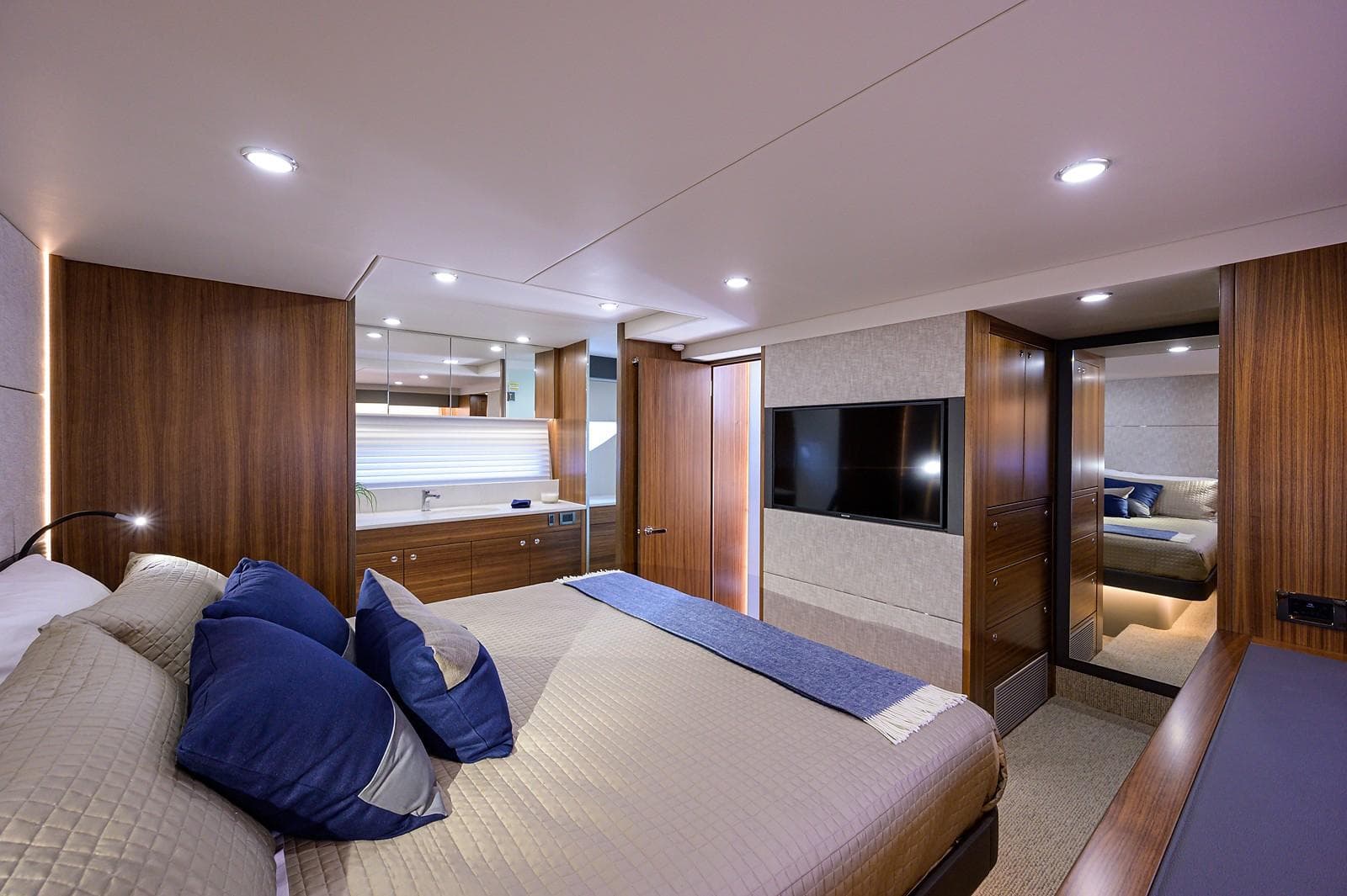 Luxurious bedroom on the 2020 Maritimo X60 yacht.