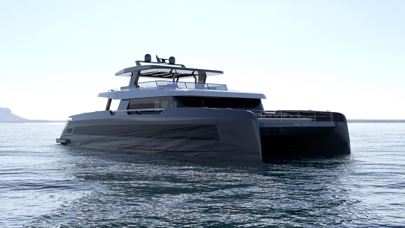 Luxurious 2027 Moon 100 Power yacht cruising on calm waters.