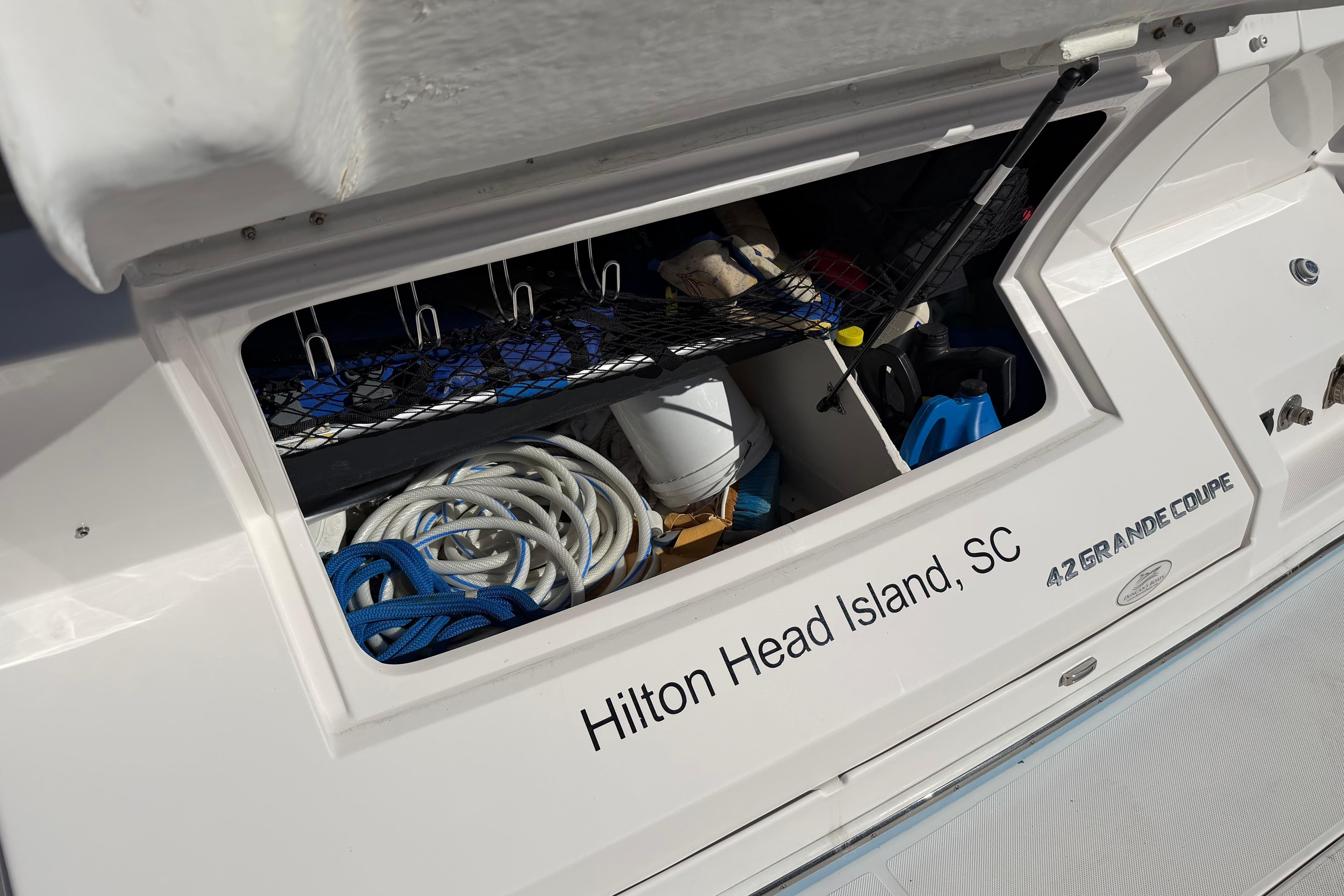 Storage compartment of 2019 Regal 42 Grande Coupe boat, Hilton Head Island, SC.