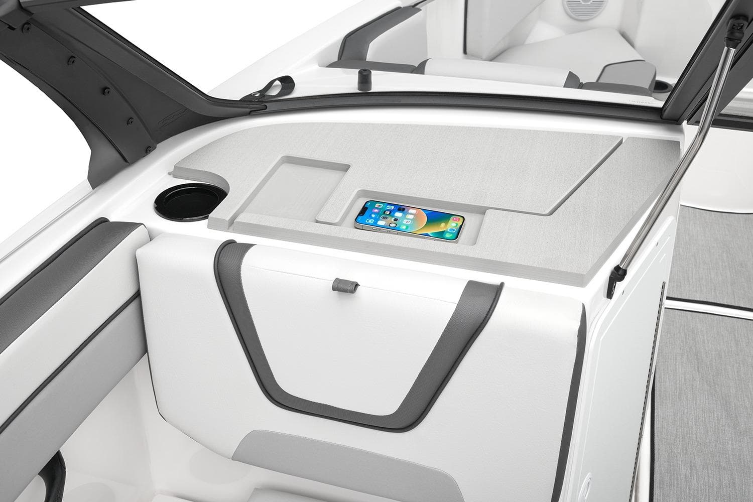 Manufacturer Provided Image: 2026 Yamaha Boats AR220 interior with smartphone holder and cup holder.