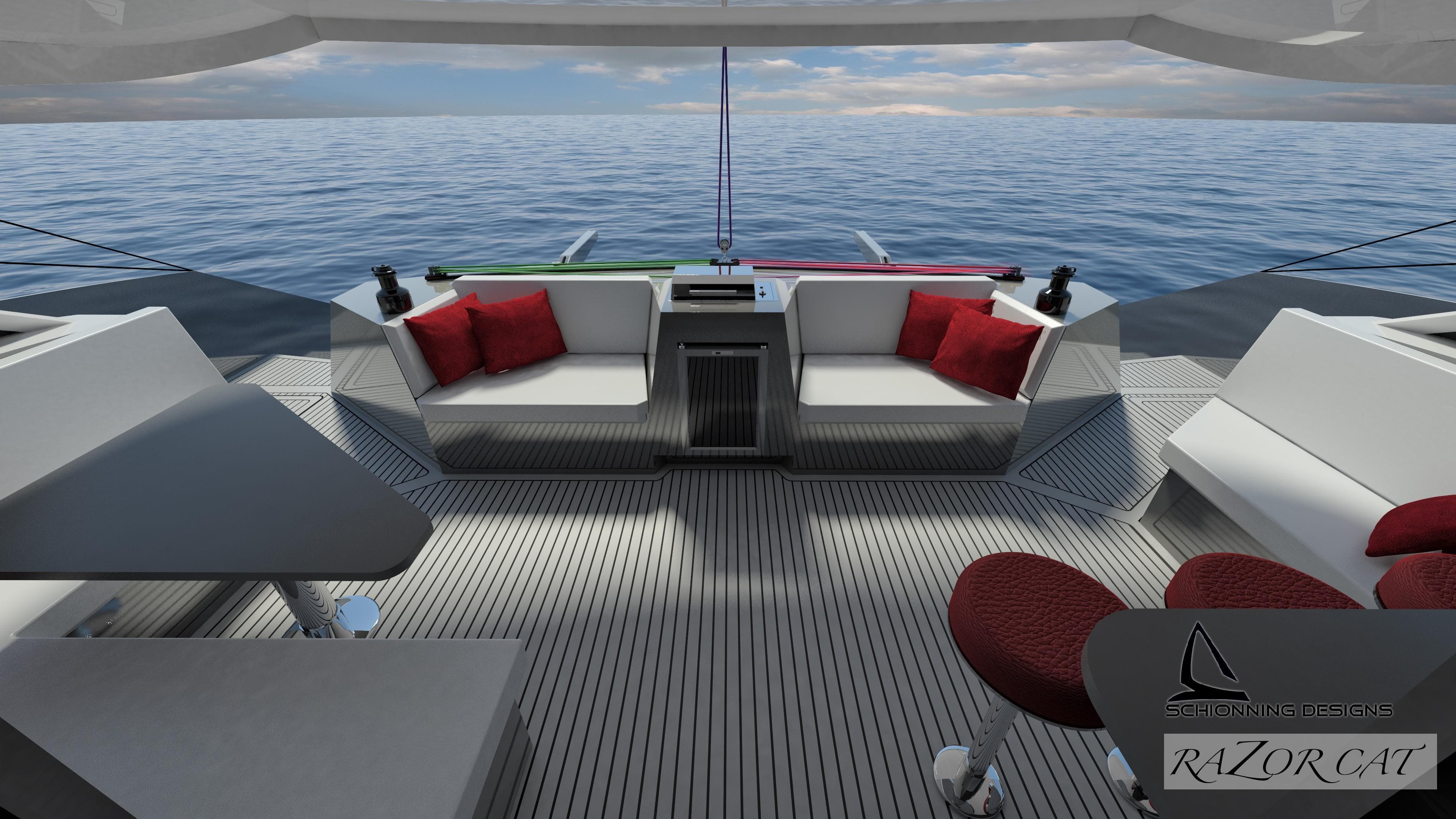 Luxurious Razor Cat 52 Sailing Catamaran 2025 with modern seating and ocean view.