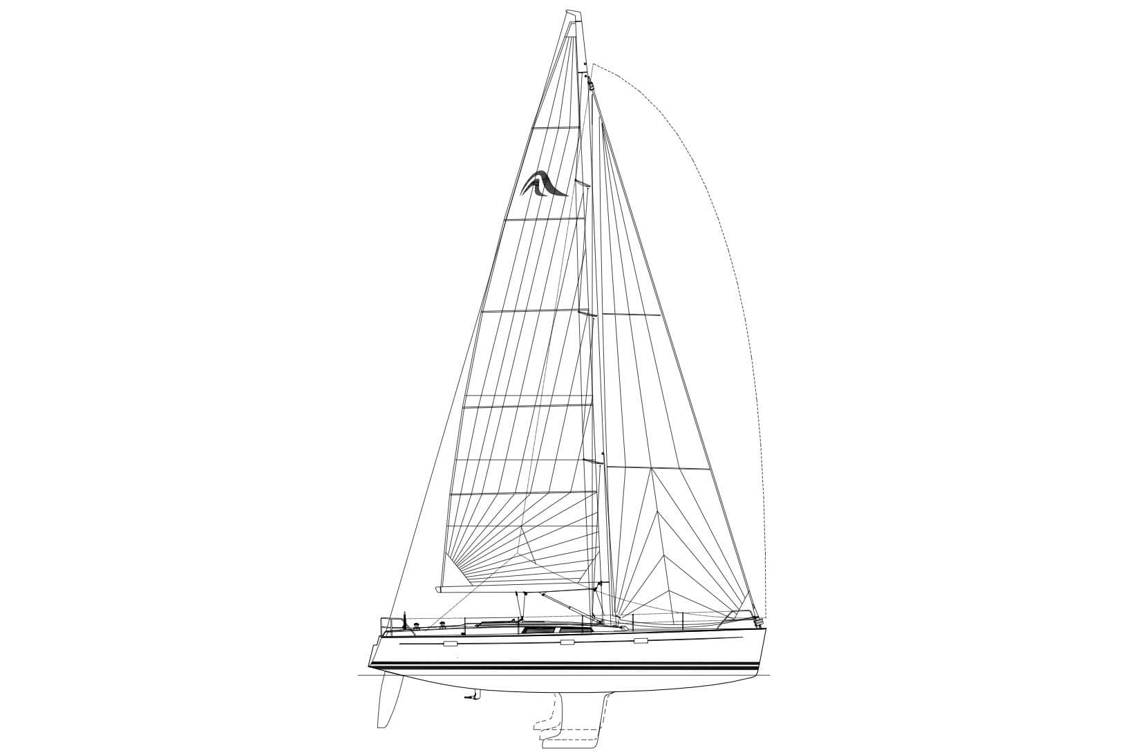 Line drawing of a 2007 Hanse 470e sailboat, showcasing its detailed sail plan.