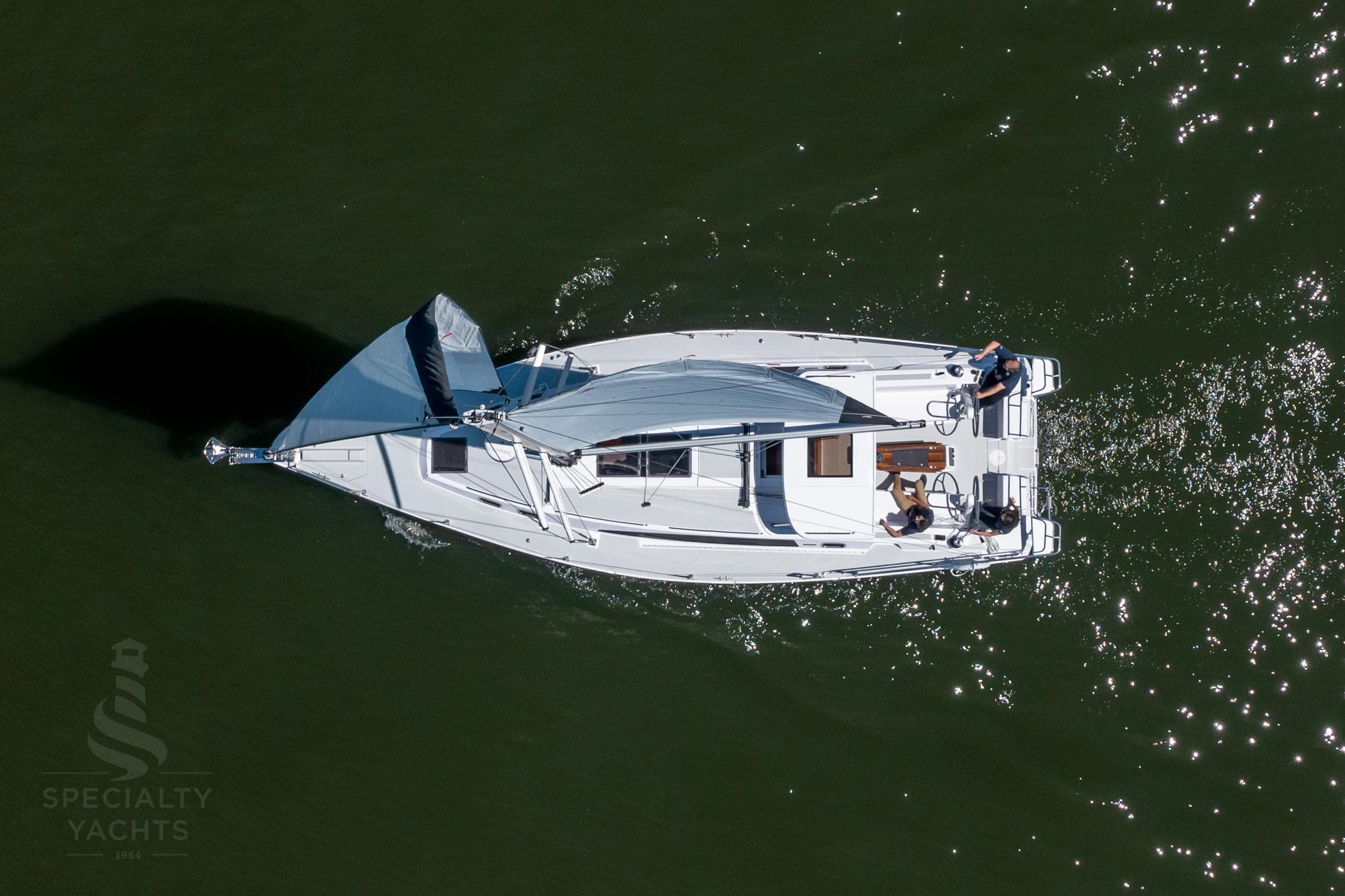 Aerial view of 2026 Catalina 426 sailboat on calm water.