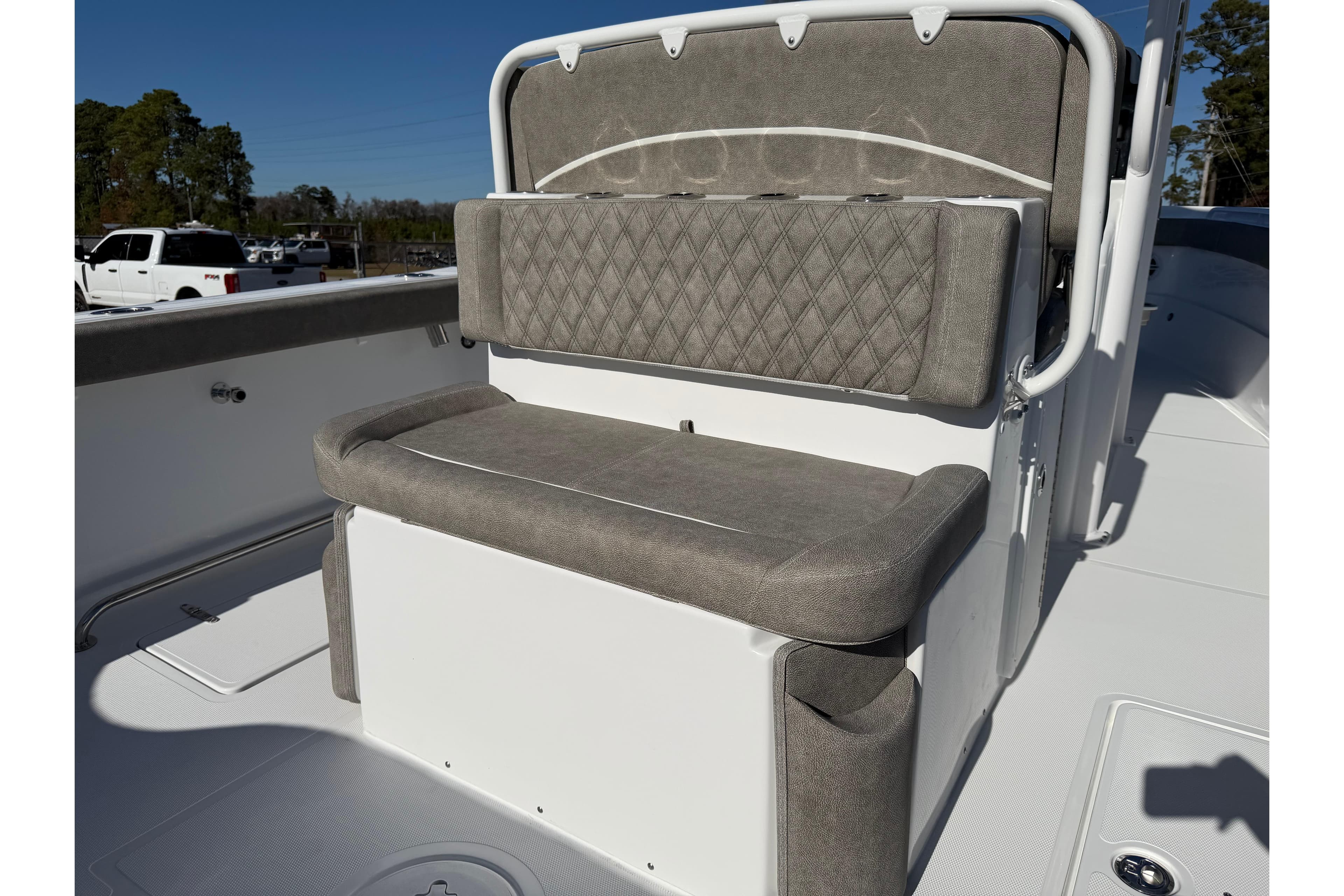2026 Sea Hunt Ultra 275 Coffin Box boat seating with gray upholstery.