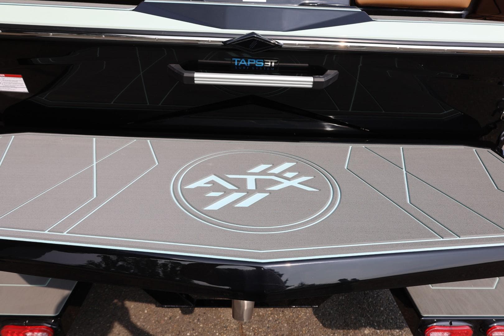 2026 ATX Surf Boats 22 Type-S swim platform with logo and TAPS 3T system.