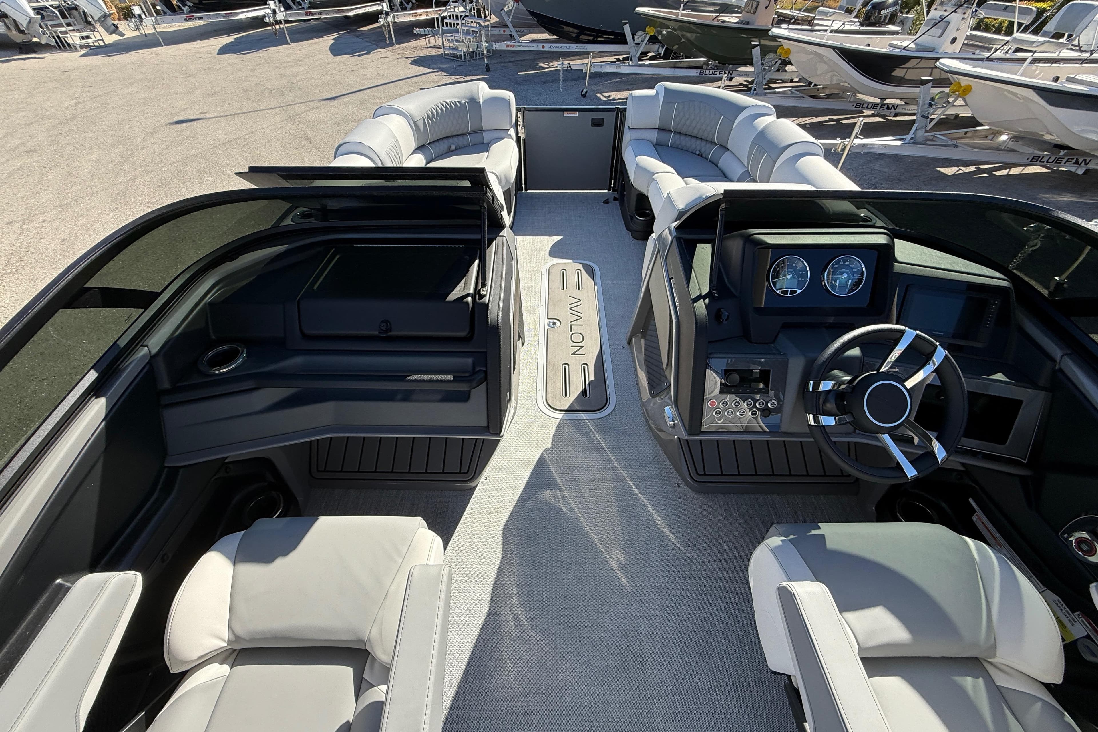 2026 Avalon 2385 Catalina Windshield Quade Lounger, Tri Toon, high-performance interior view.