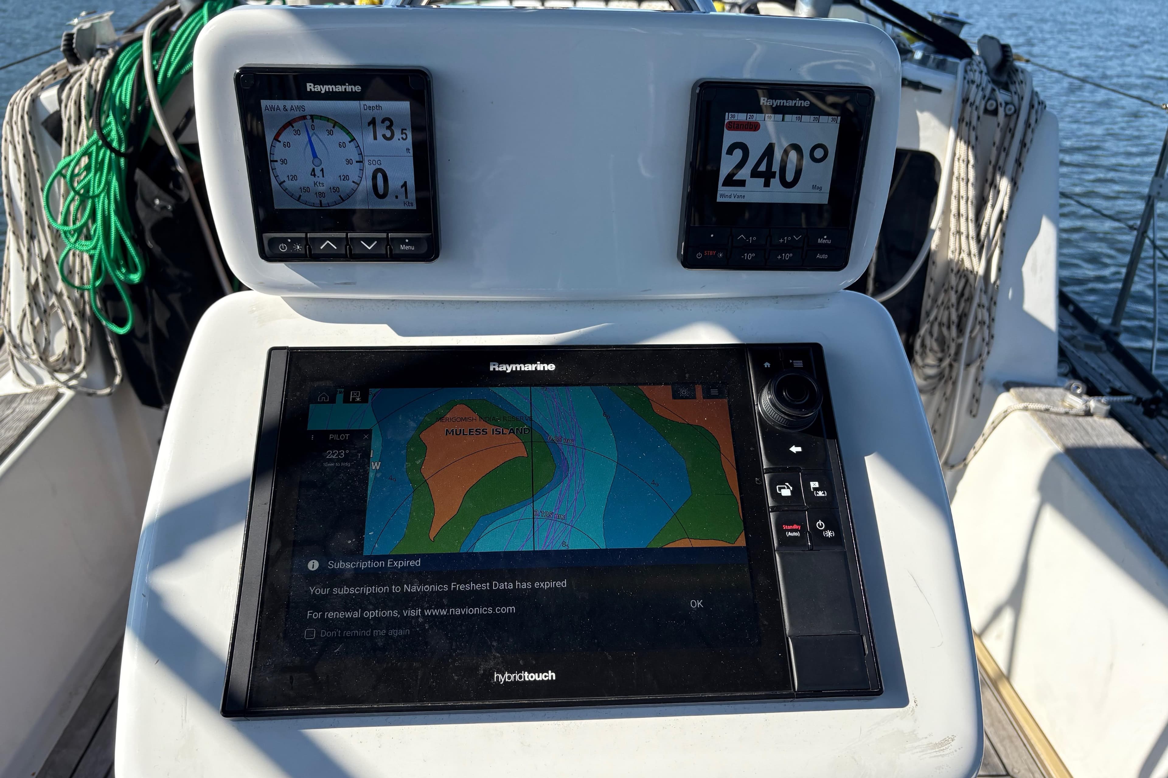 Cockpit of 1981 Aztec Nautilus 40 with Raymarine navigation displays.