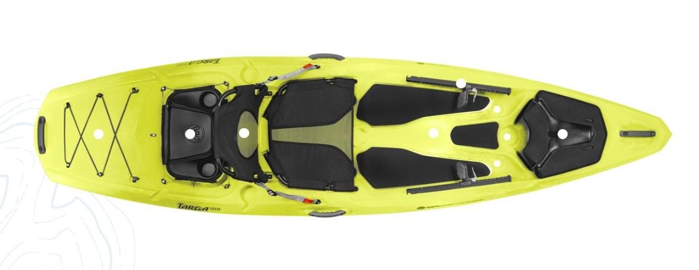 2023 Wilderness Systems Targa 100 kayak, top view, bright yellow, with seating and storage areas.