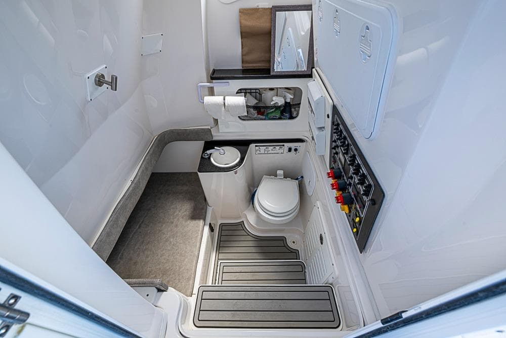 Interior of 2018 Sea Fox 328 Commander boat bathroom with toilet and control panel.