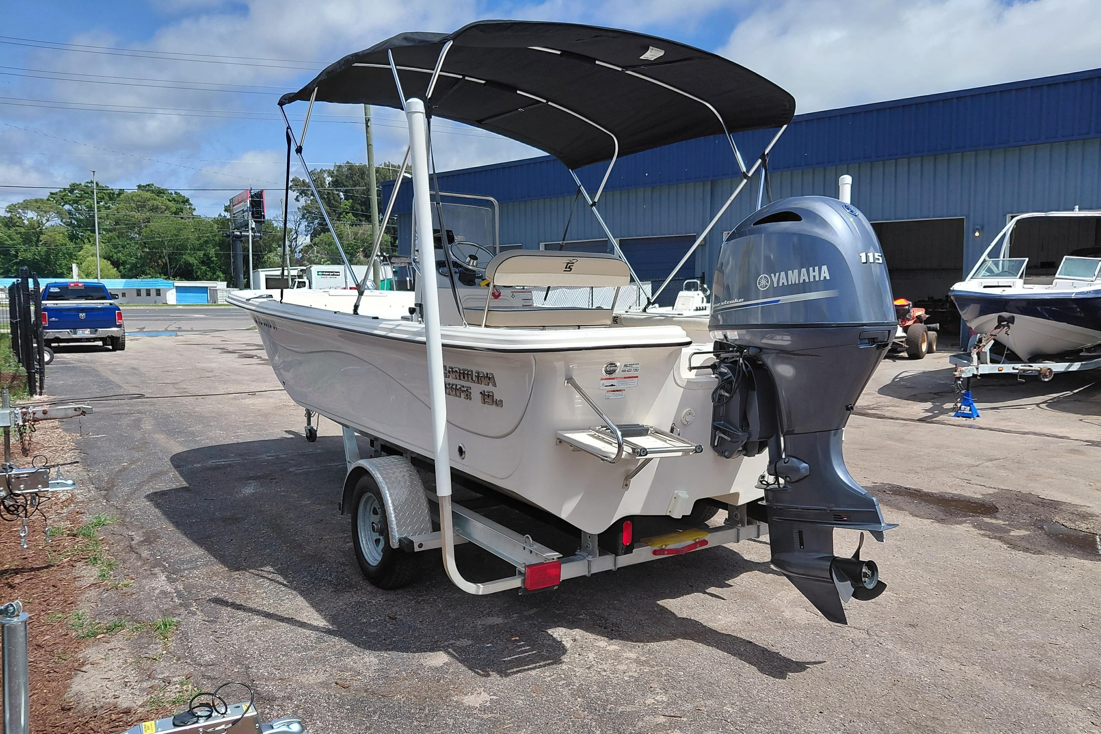 2020 Carolina Skiff 19 LS boat with Yamaha 115 engine on trailer.