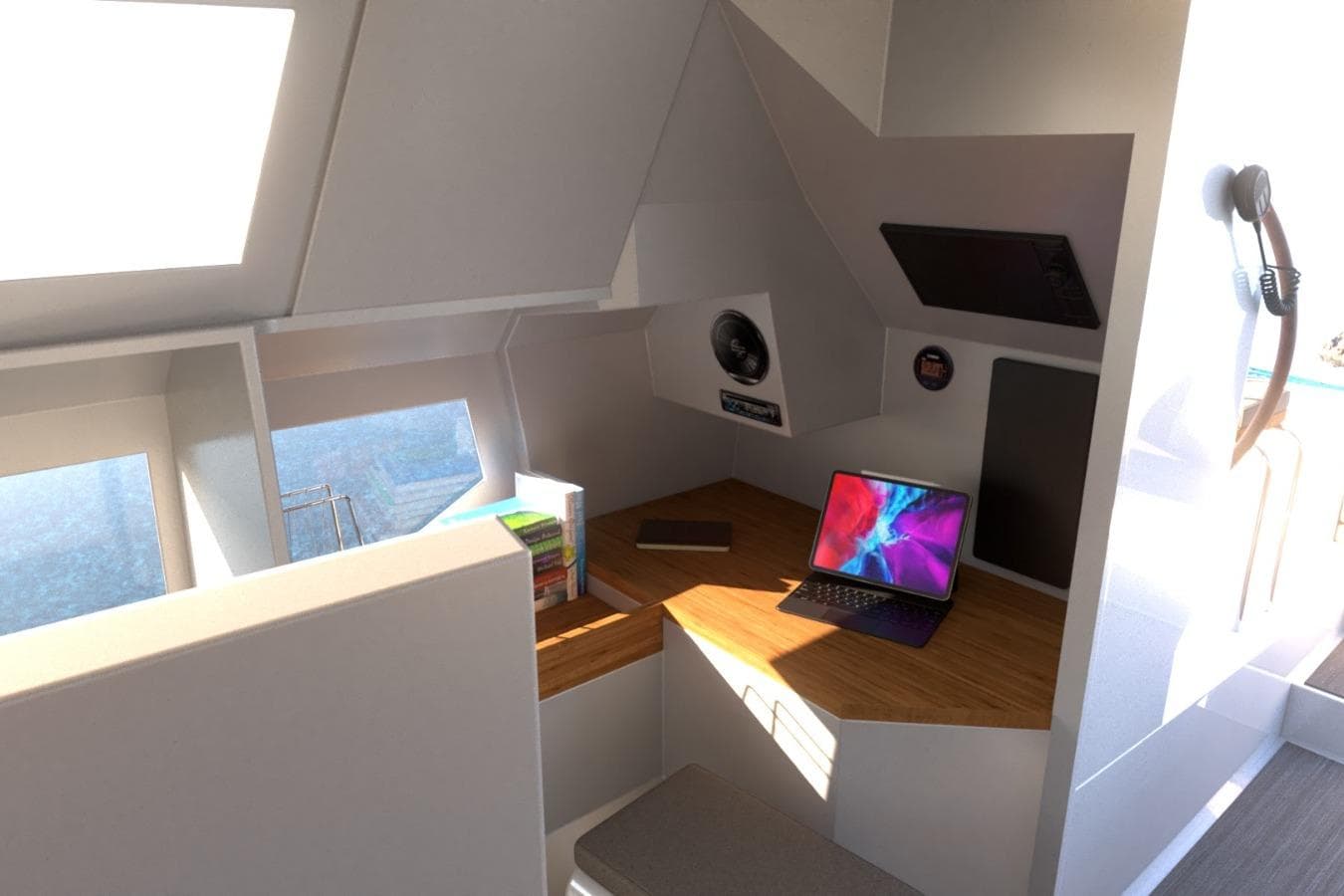 Modern interior of 2026 Catamaran Dual Flyer 400 with workspace and laptop.