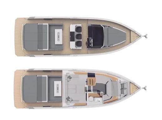 Top view layout of 2025 De Antonio Yachts D36 OPEN, showcasing interior and deck design.