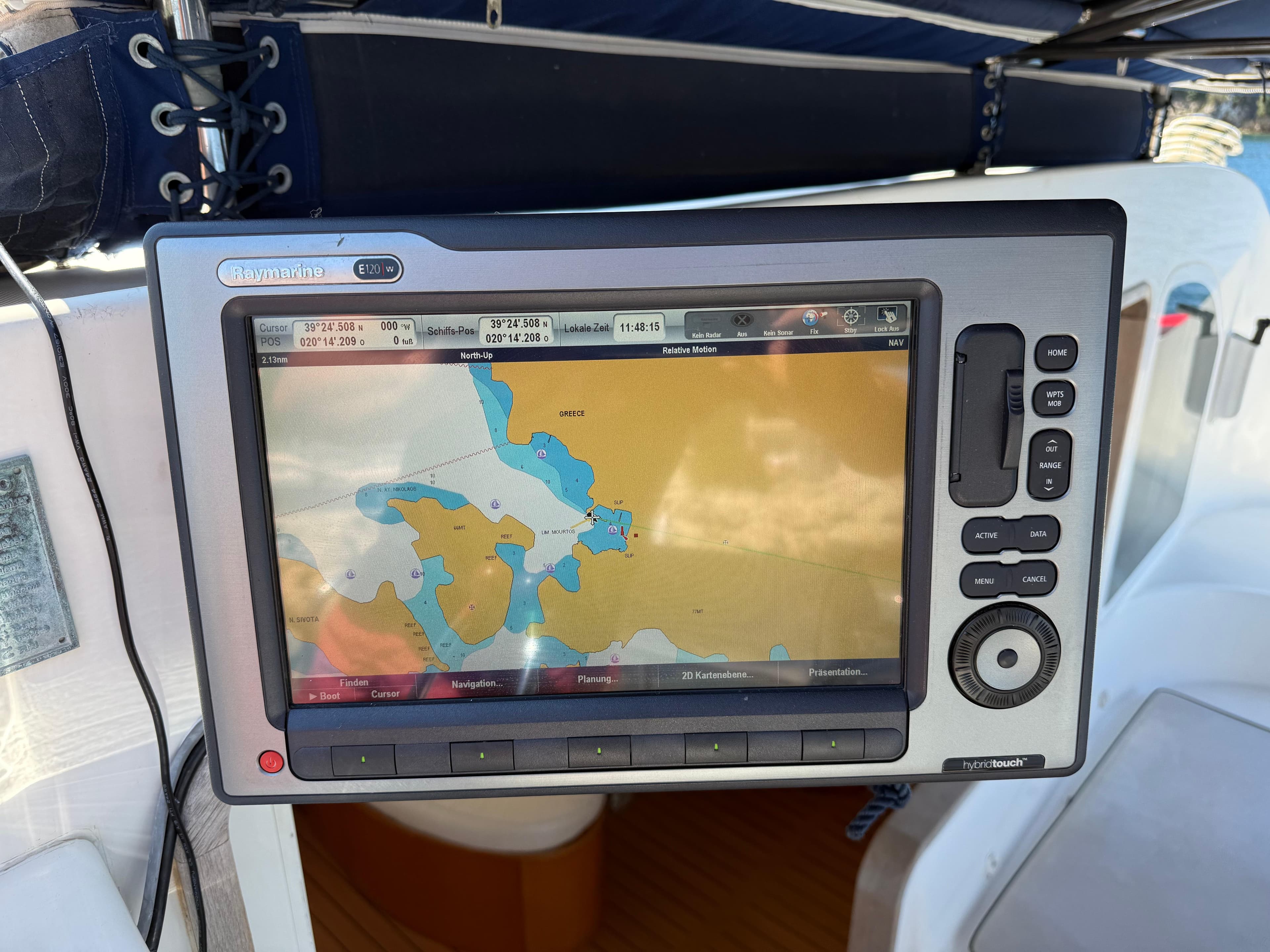 Navigation system on a 1998 Lagoon 470 yacht displaying a nautical chart.