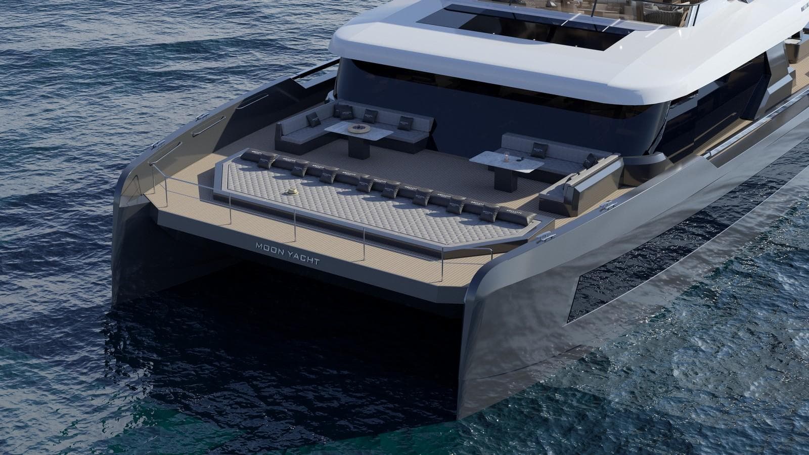 Luxurious Moon 100 Power yacht, 2027 model, cruising on serene blue waters.