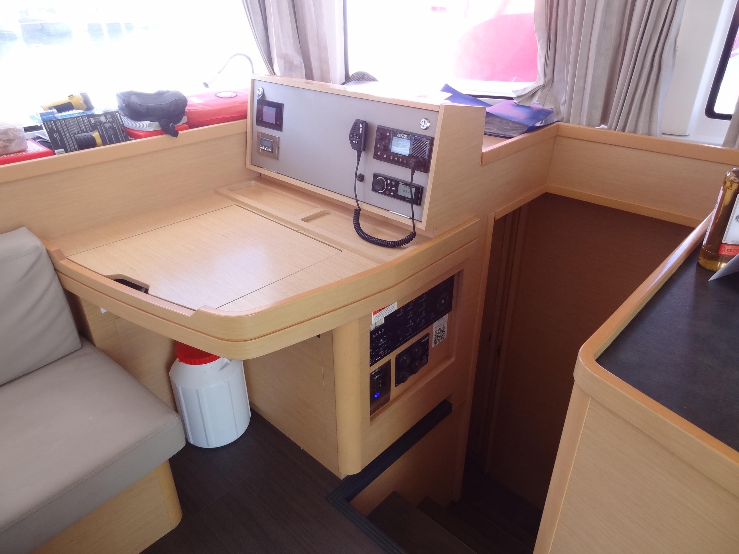 Interior navigation station of a 2020 Lagoon 42 catamaran.
