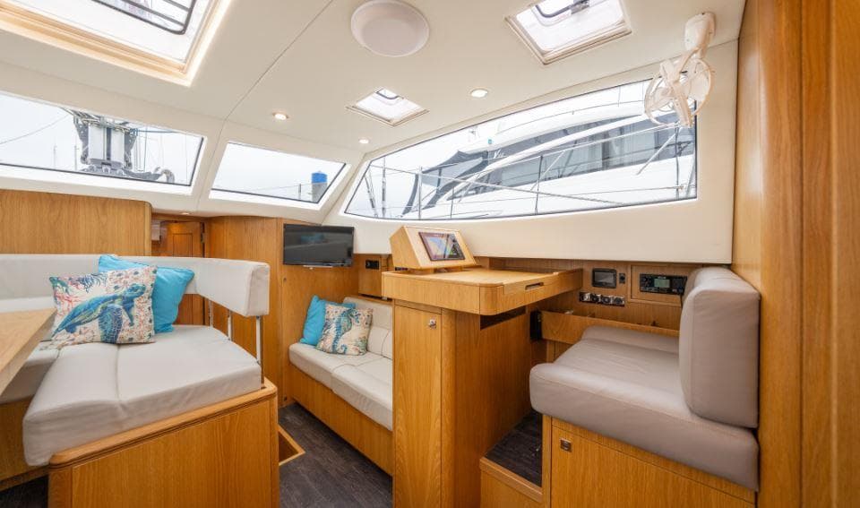 Interior of 2019 Southerly 480 yacht with modern seating and decor.
