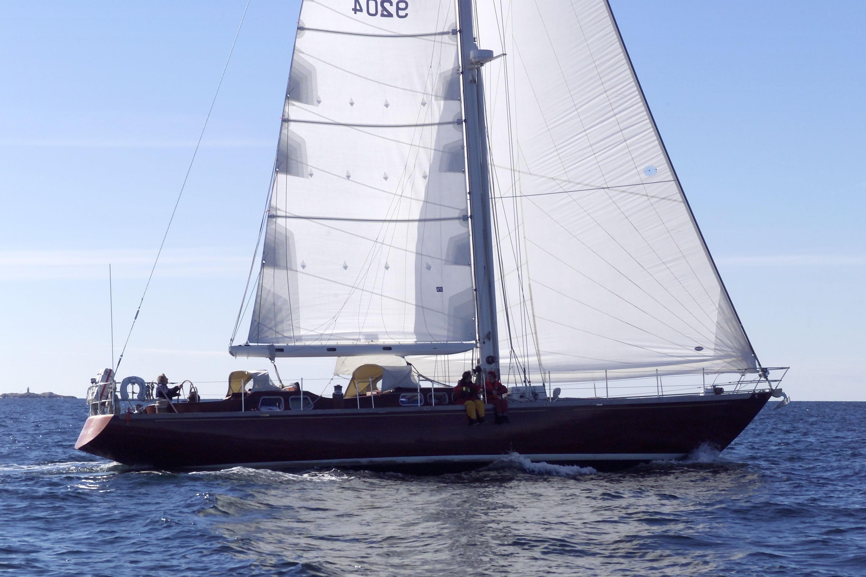 Sailing yacht "Cantiere Valdettaro Le Grazie" from 1977 on open sea, full sails.
