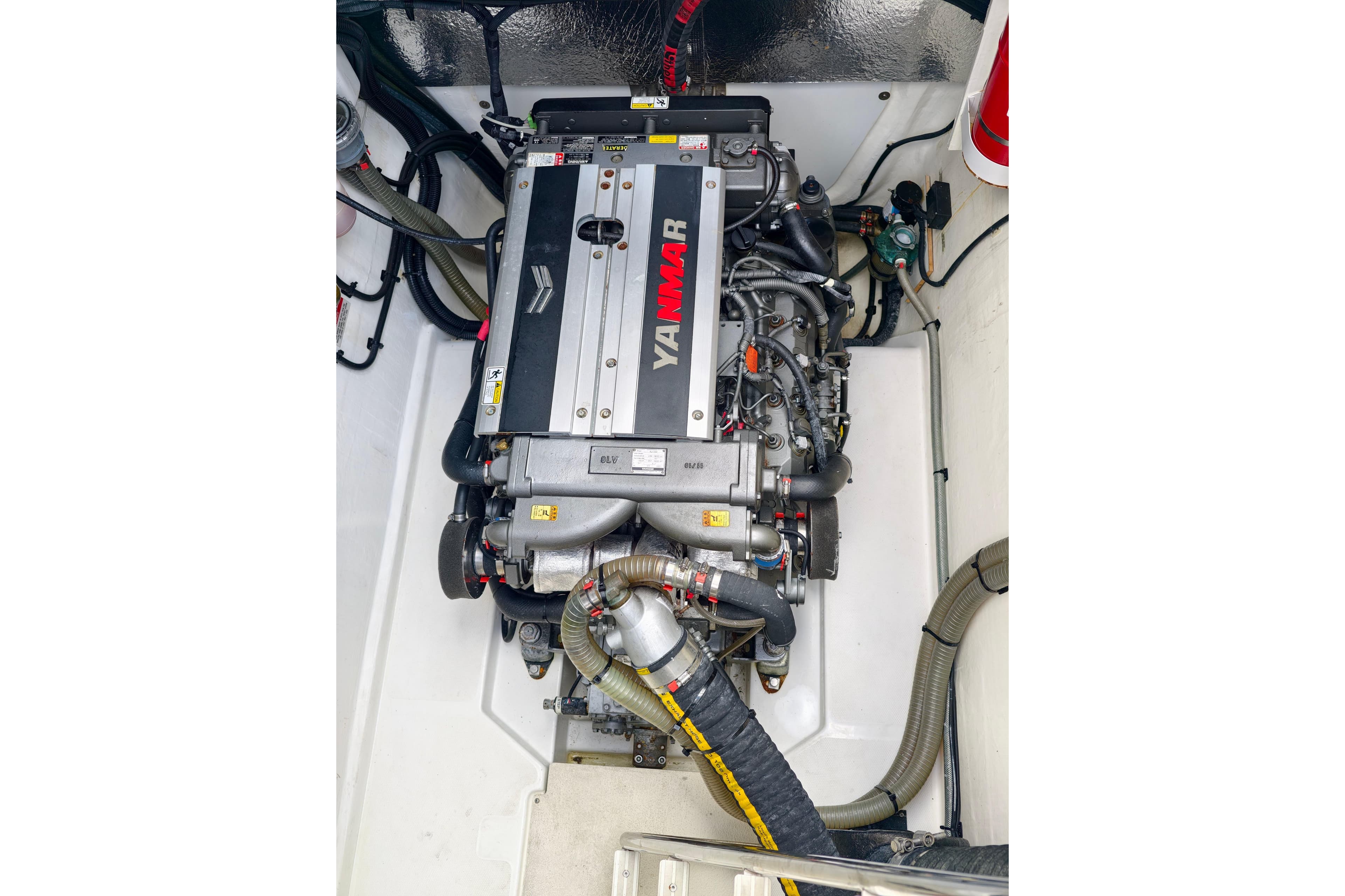 Engine compartment of a 2022 Leopard 53 Powercat featuring a Yanmar engine.