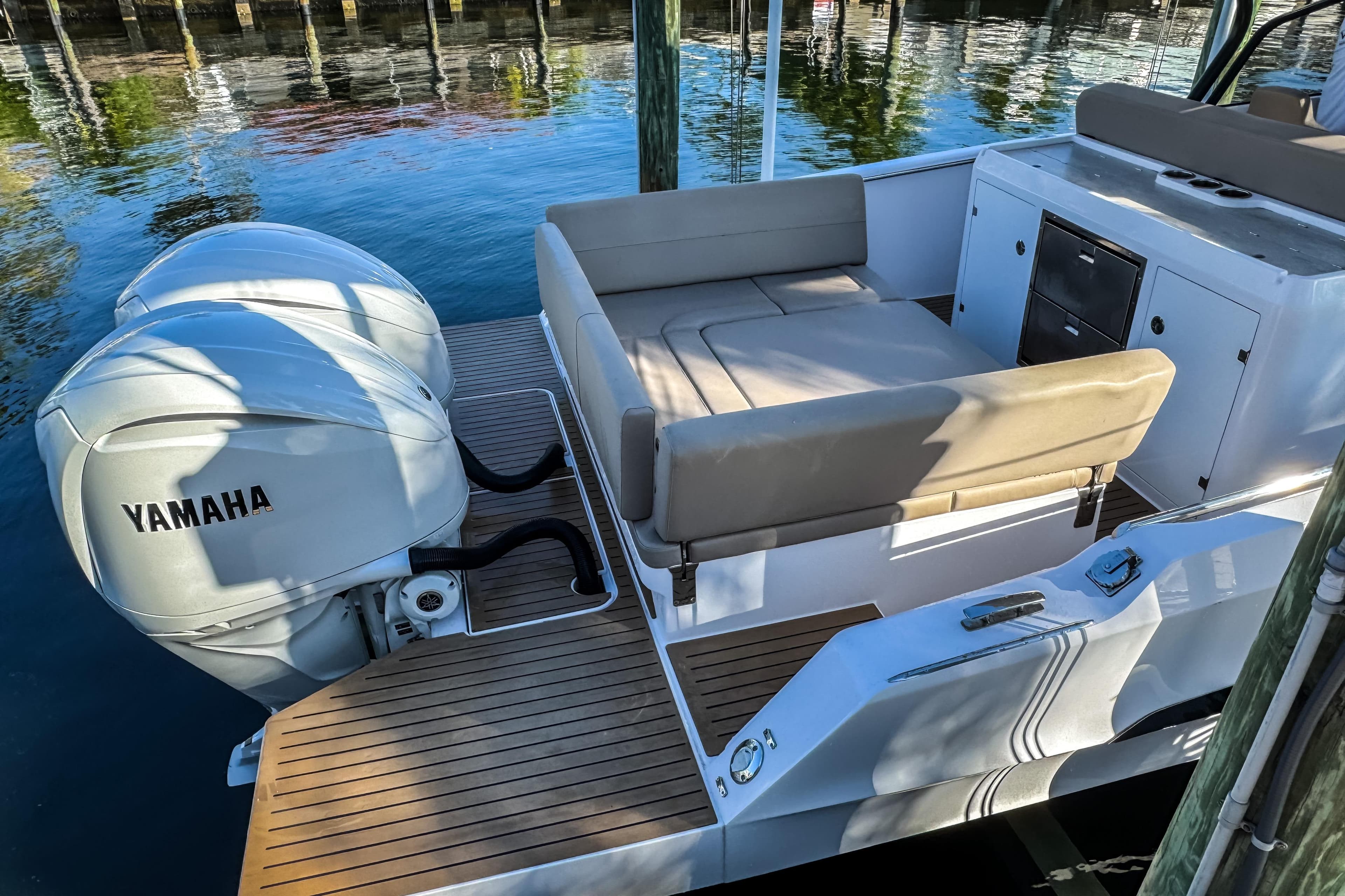 STERK 31 boat 2025 with Yamaha engines at dock.