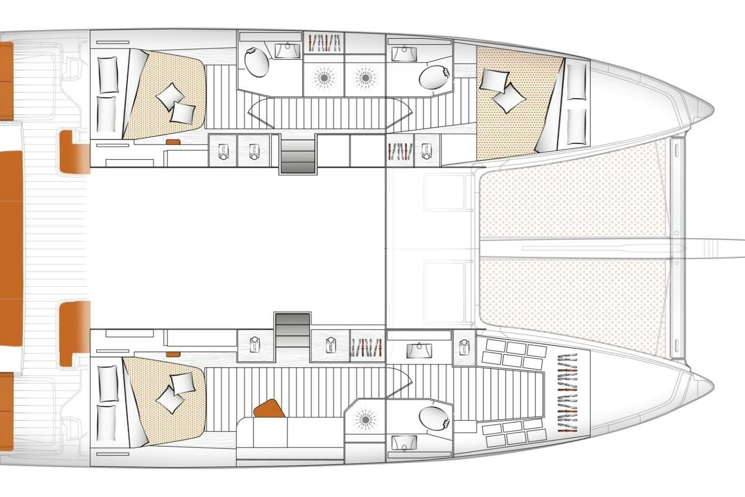 Floor plan of a 2023 Excess 14 catamaran, featuring spacious cabins and modern amenities.