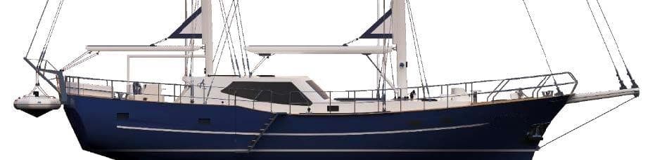 Custom 2015 Gulet Motorsailer with blue hull and dual masts, side view.