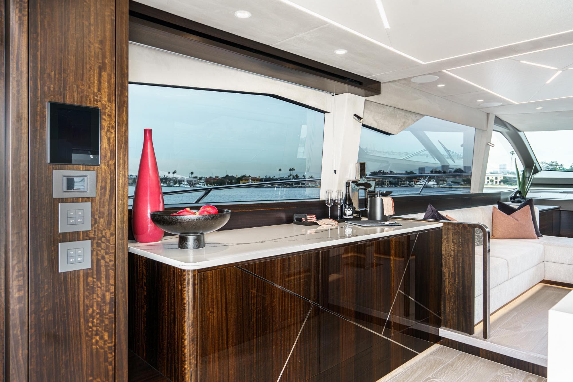 Luxurious interior of Sunseeker Manhattan 68 yacht, 2023 model.