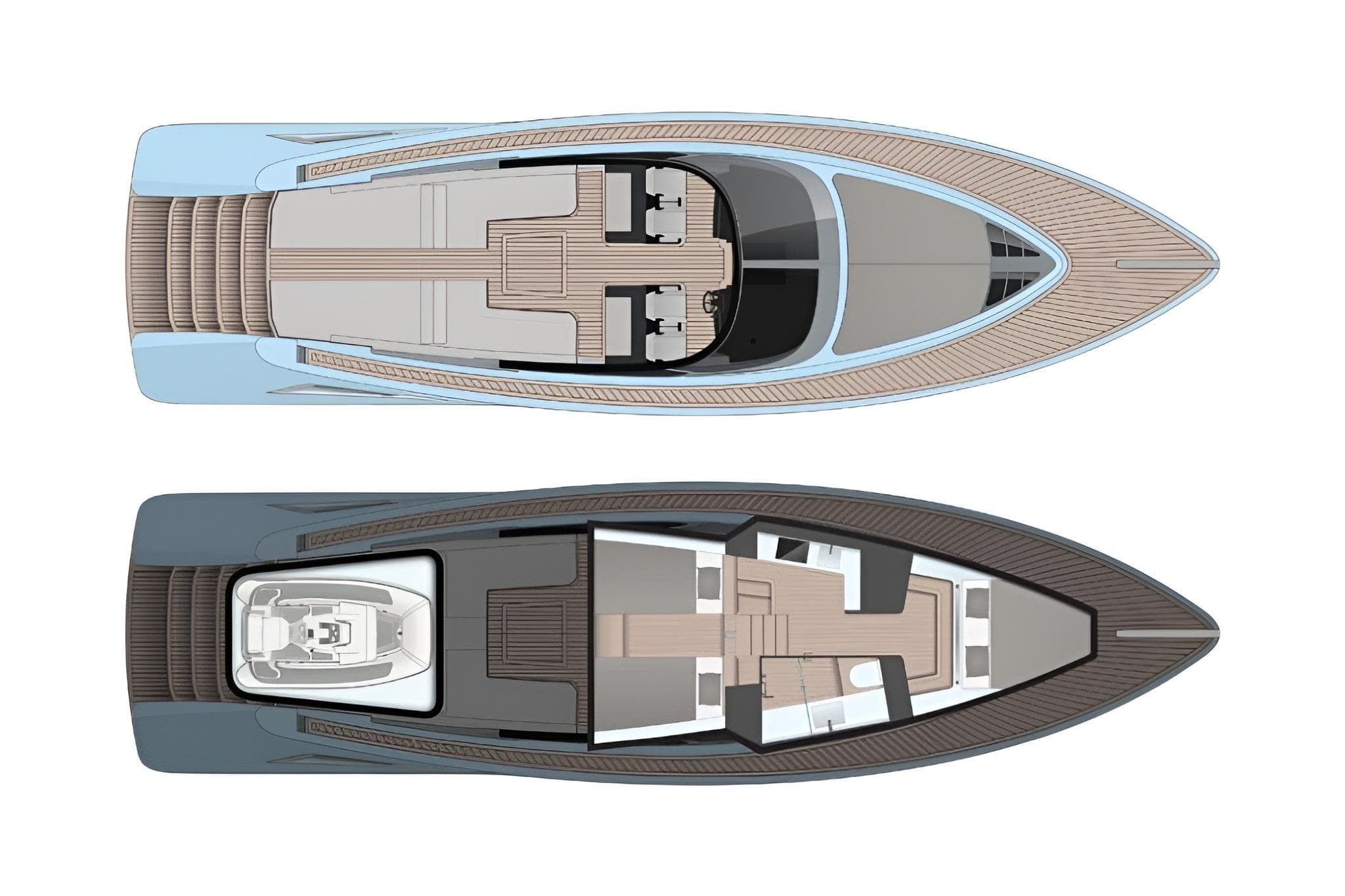 Top view of 2019 Wajer 55 yacht layout, showcasing deck and interior design.