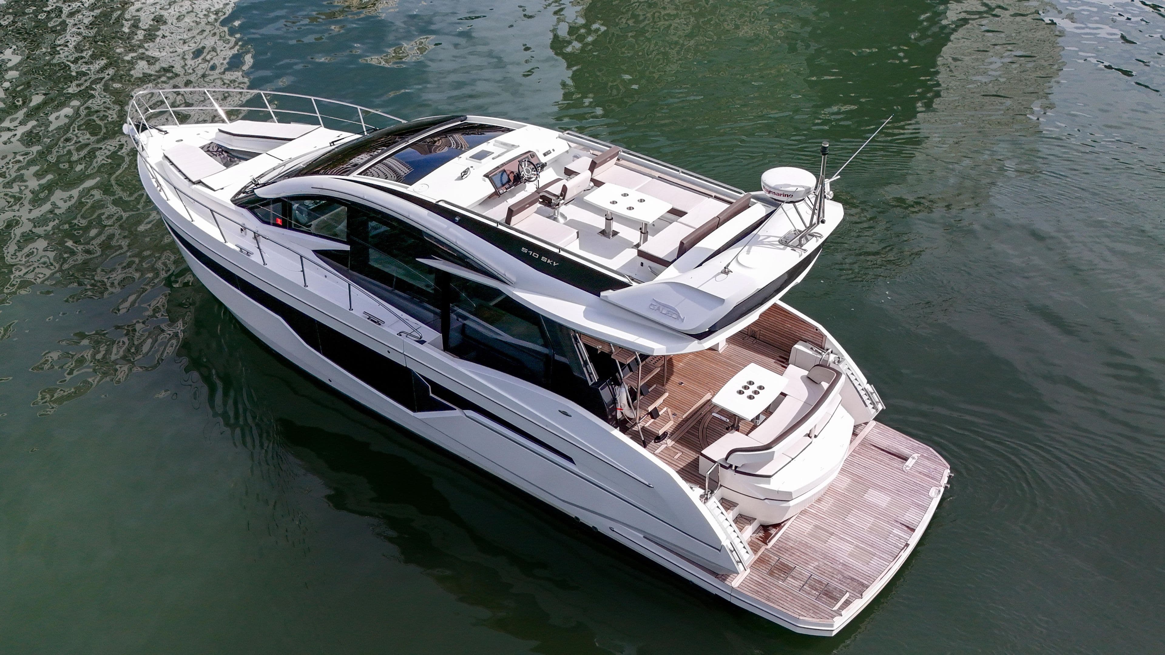 Aerial view of 2020 Galeon 510 Sky yacht on the water.