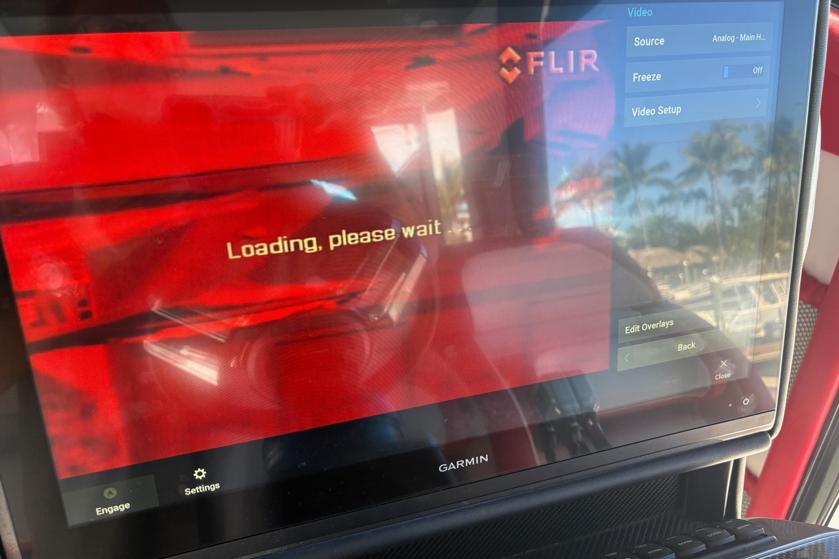 Garmin display on 2022 Nor-Tech 452 Super Fish showing FLIR system loading screen.