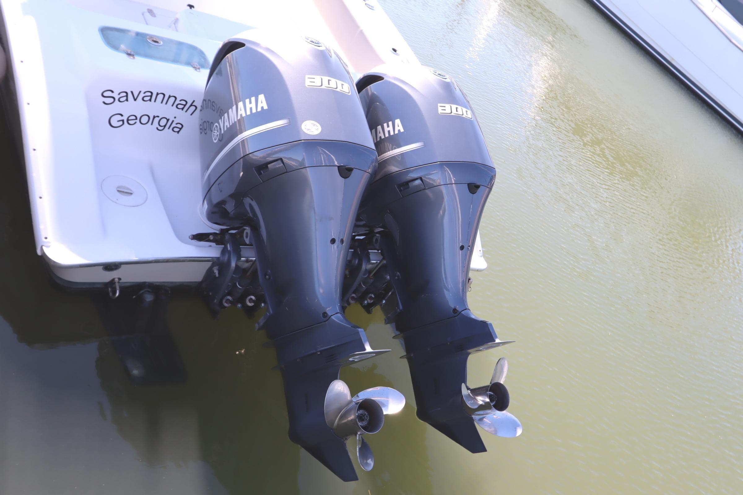 Twin Yamaha outboard motors on a 2021 Cape Horn 31 T boat, Savannah, Georgia.