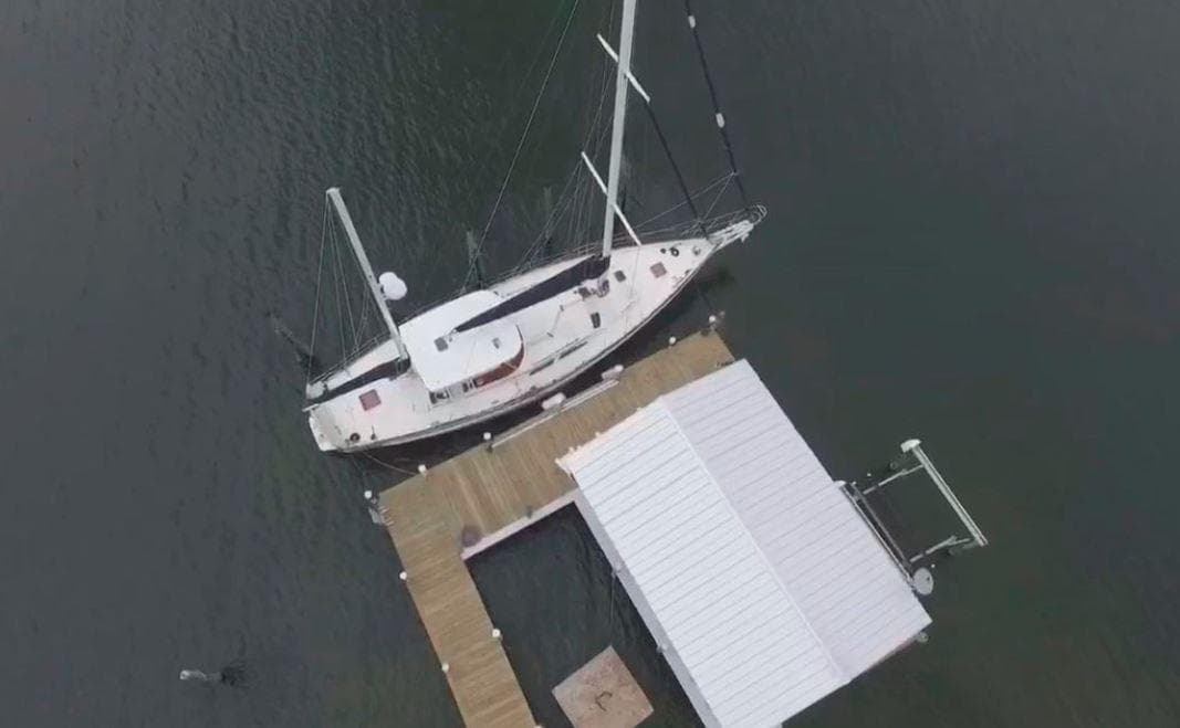 Aerial view of 1990 Irwin 54 sailboat docked at a marina.