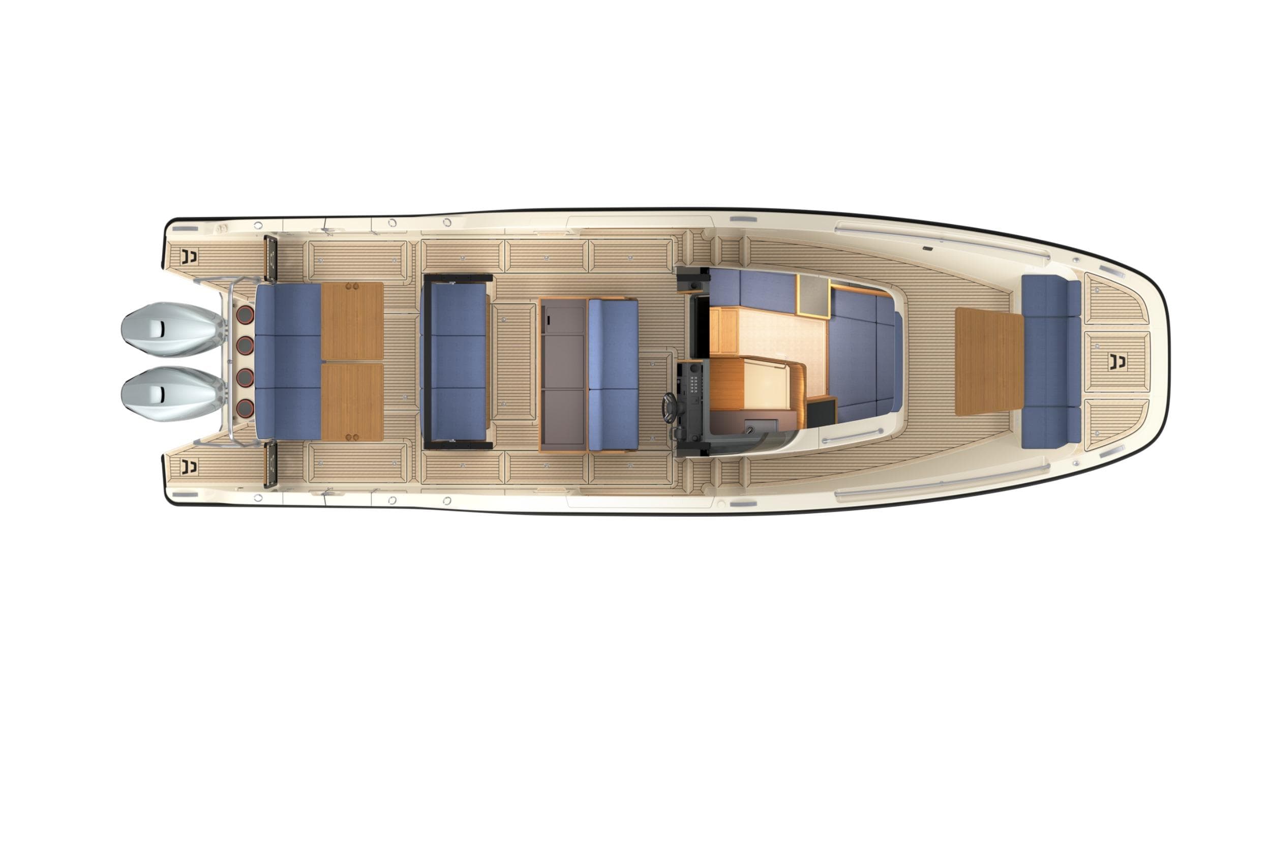 Top view of 2026 Aiata Sunfinder 38 boat with dual engines and spacious deck layout.
