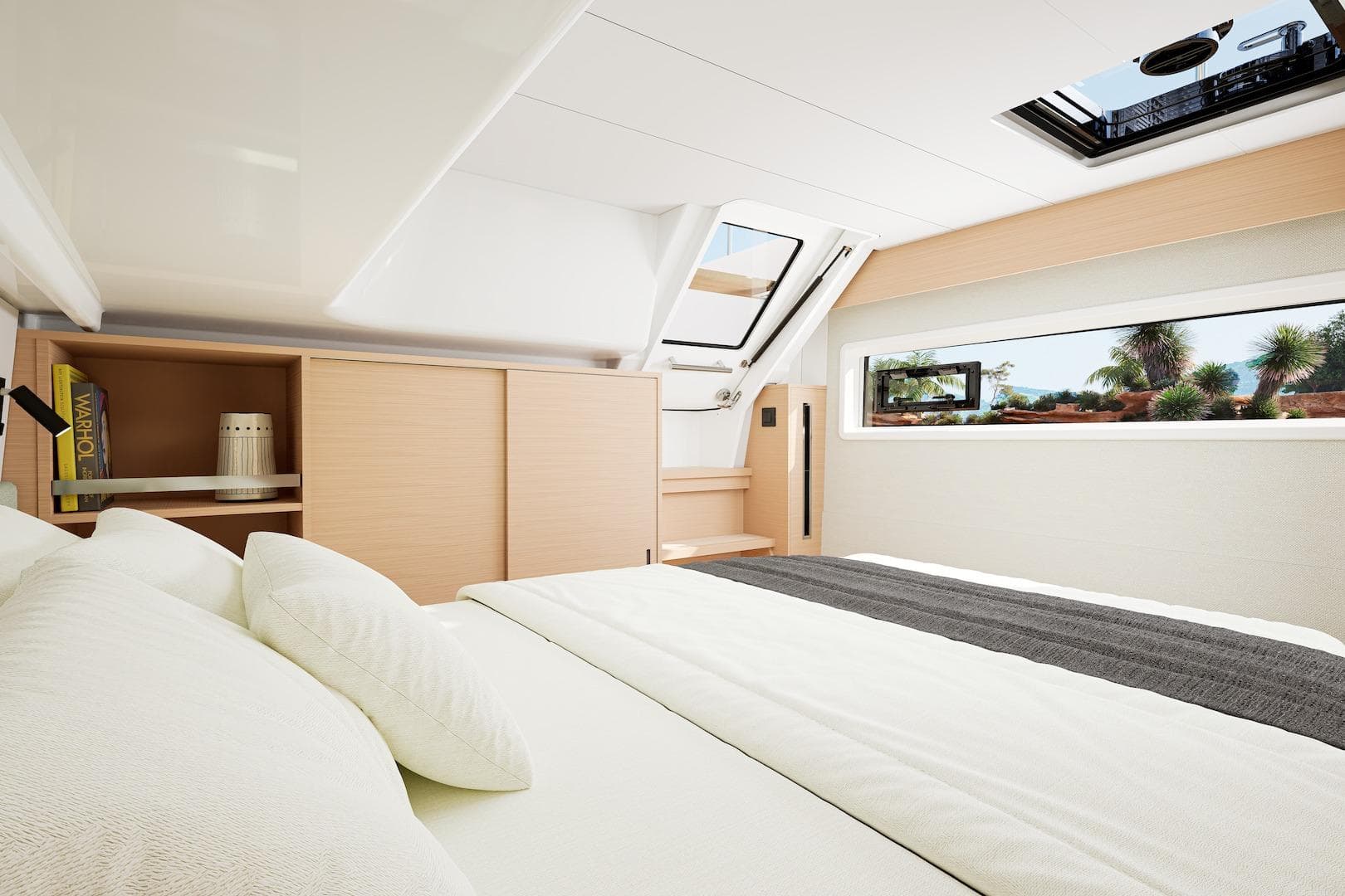 Luxurious interior of 2027 Lagoon 47 yacht with modern bedroom design and scenic window view.
