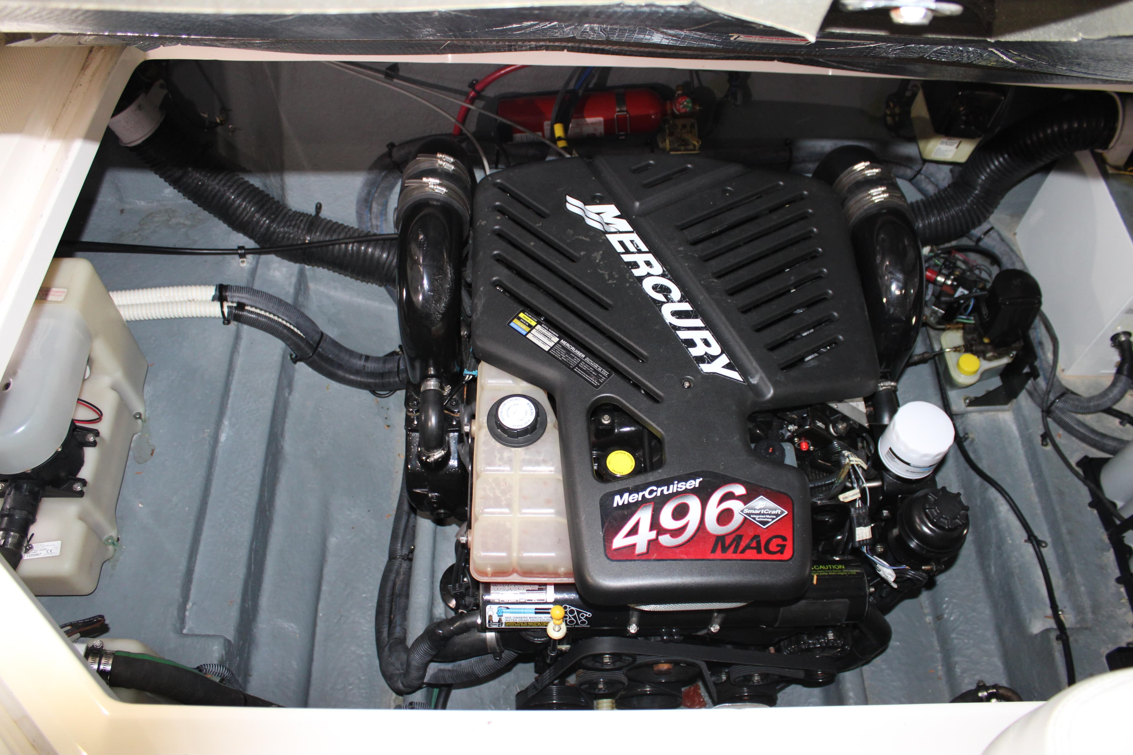 Engine compartment of 2004 Sea Ray Sundancer 280 with MerCruiser 496 MAG engine.