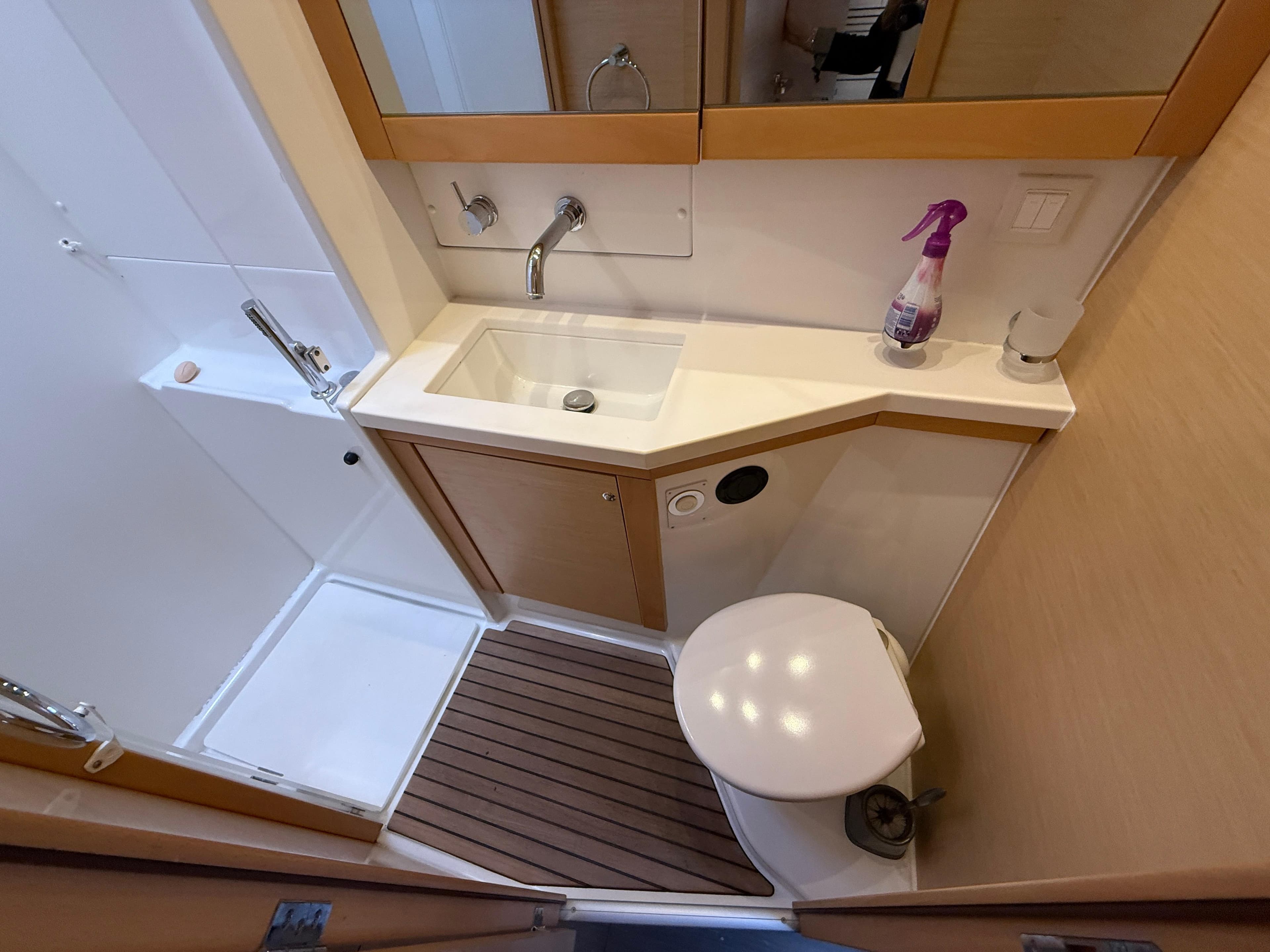 Compact bathroom in 2016 Lagoon 450 F yacht with sink, toilet, and shower.